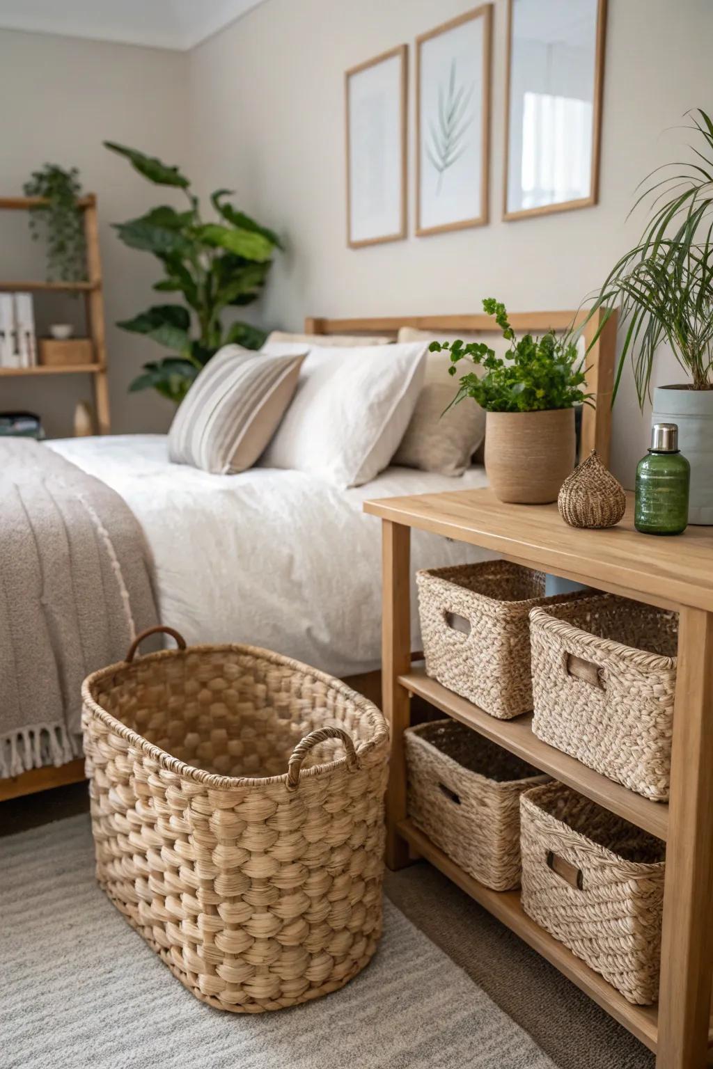 Woven receptacles provide stylish storage in this modern farmhouse guest bedroom.