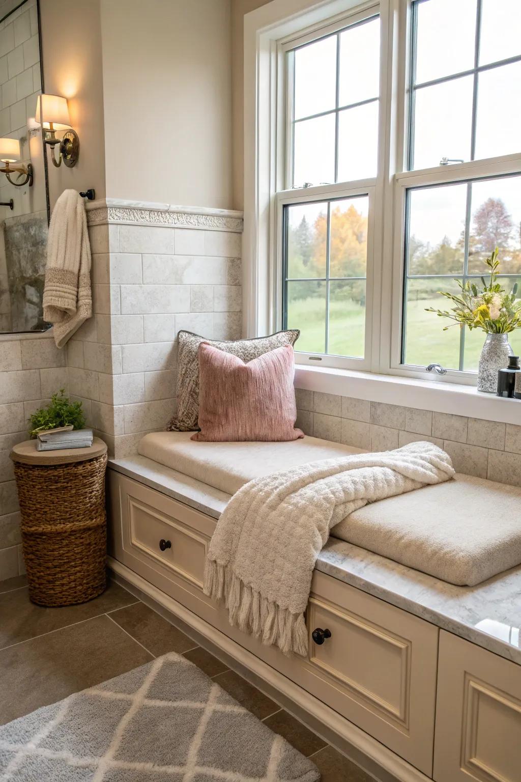 A bathroom presenting a relaxing niche with a cushioned bench for added comfort.