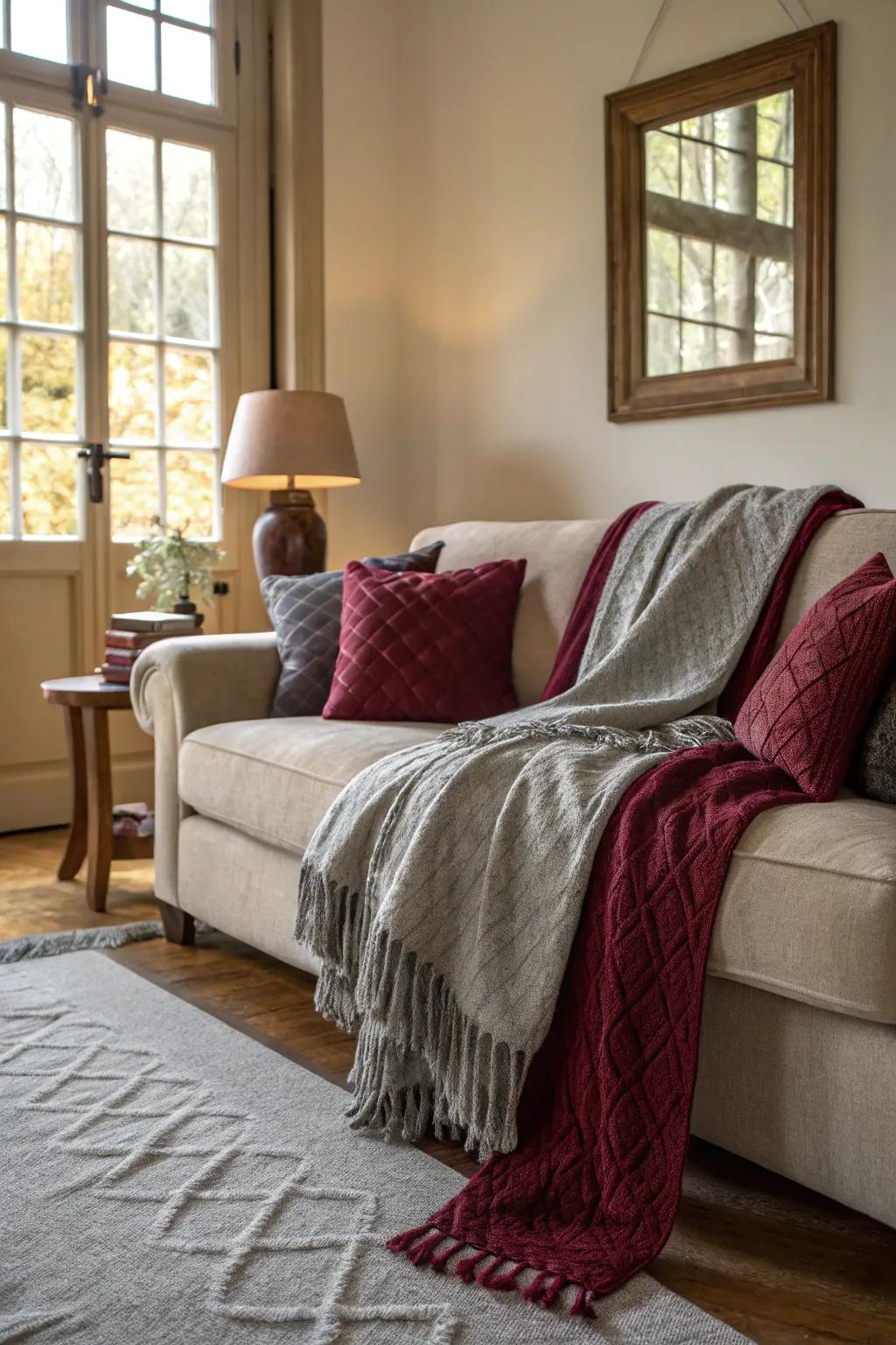 Living area featuring a pairing of wine and slate throws on seating.