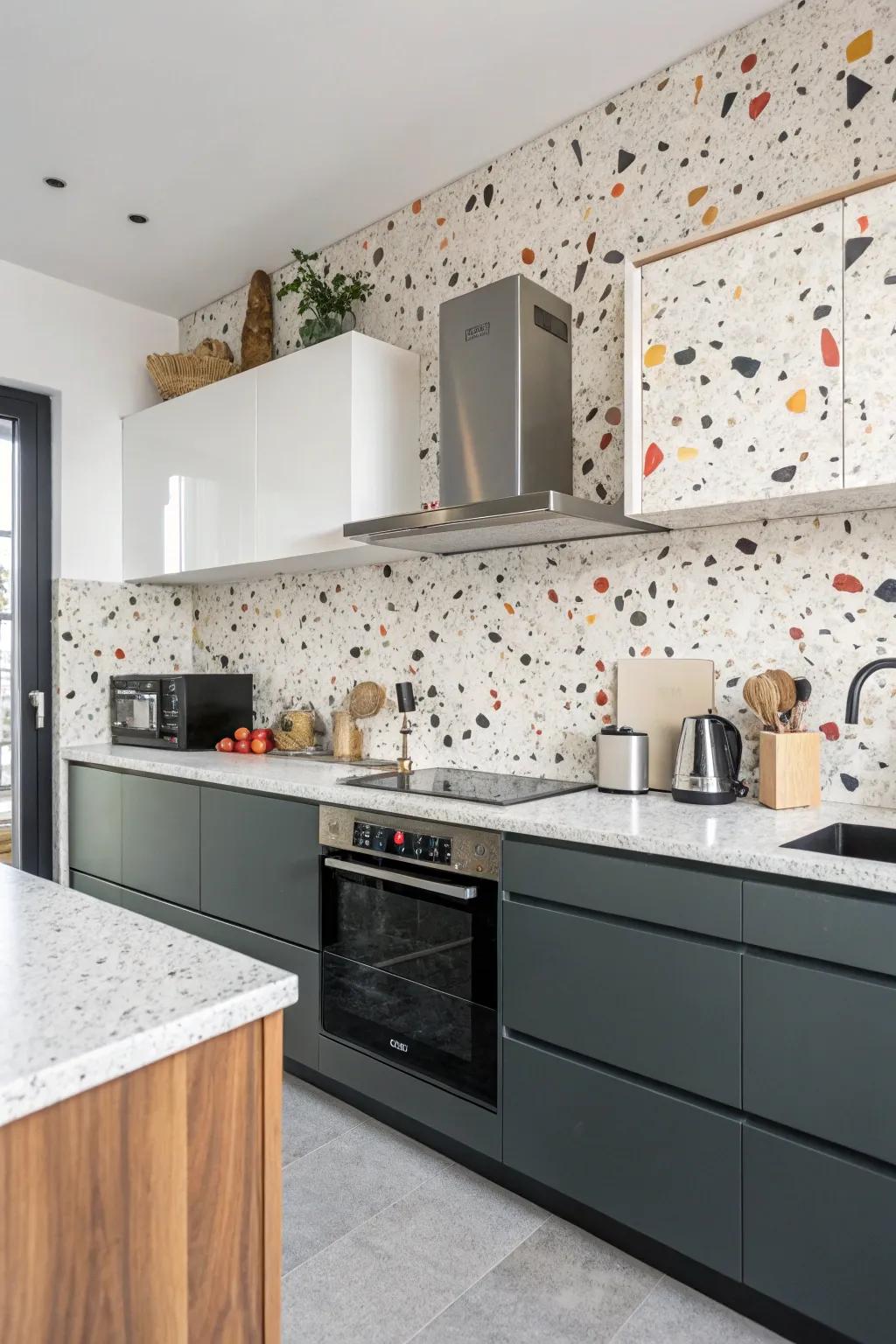 Granite-look tiles inject fun texture and color.