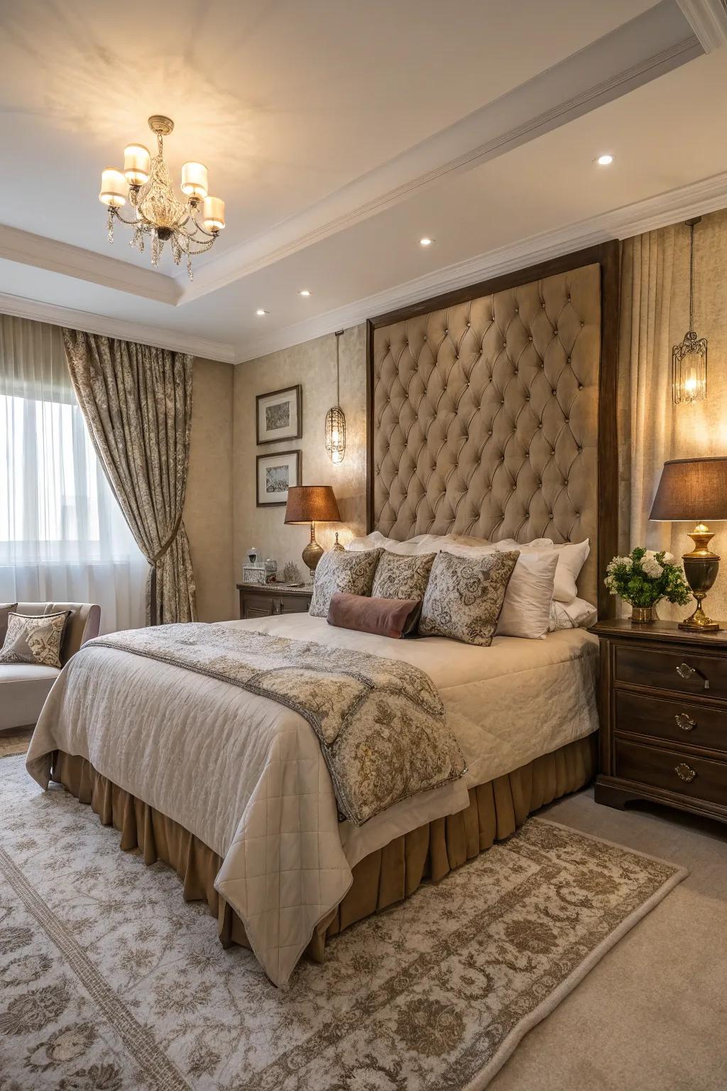 Tactile fabrics create a lush sensory experience in this bedroom.