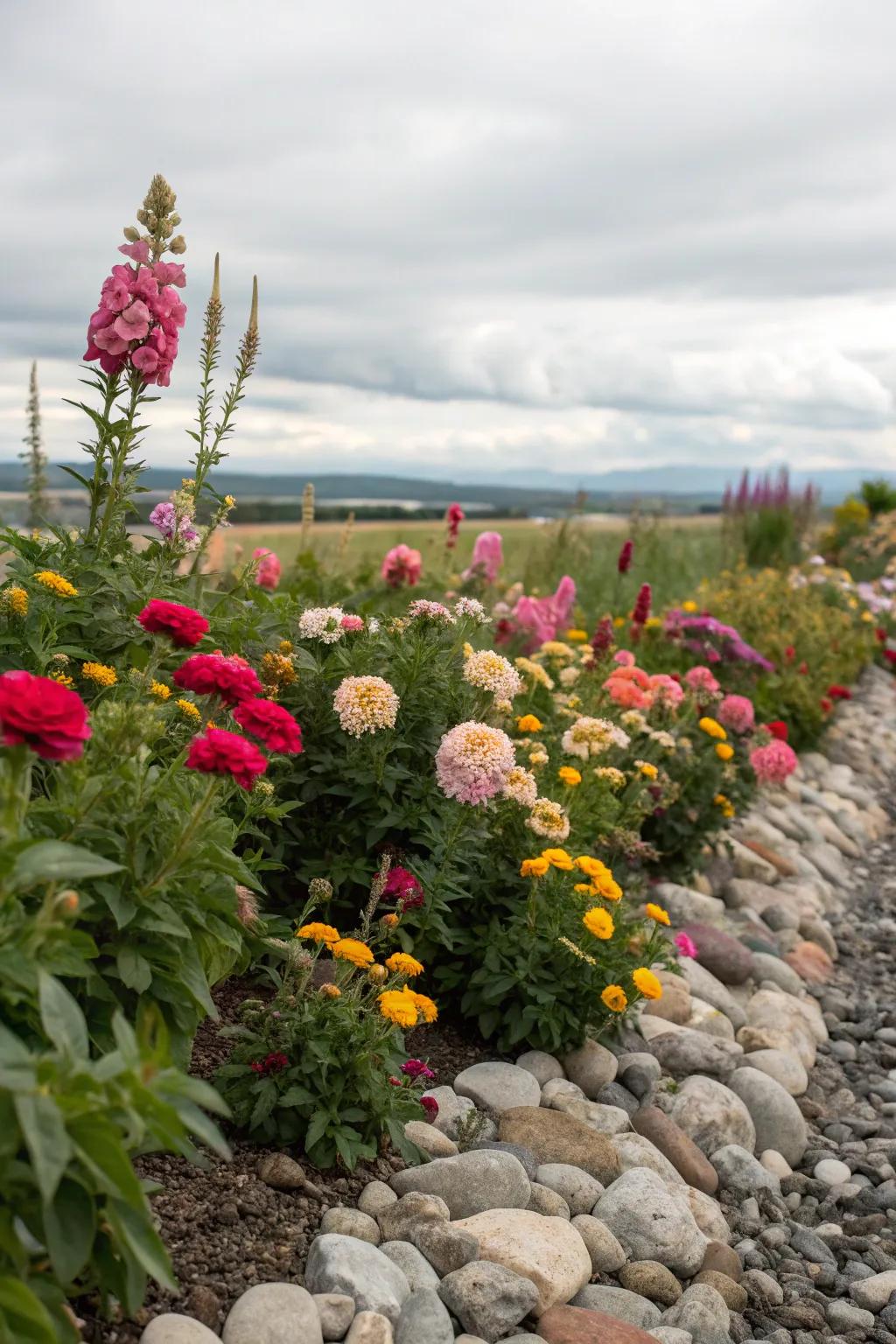Stone borders furnish definition and contrast to colorful flower beds.