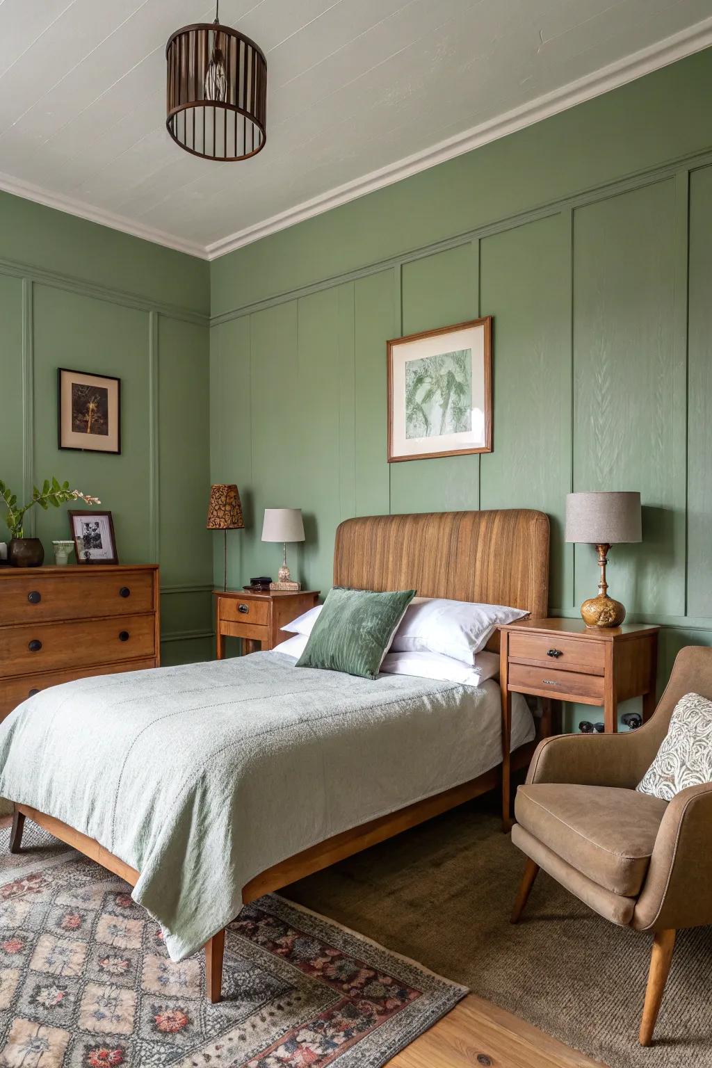 Avocado-toned and mid-century modern design create a stylish retreat.