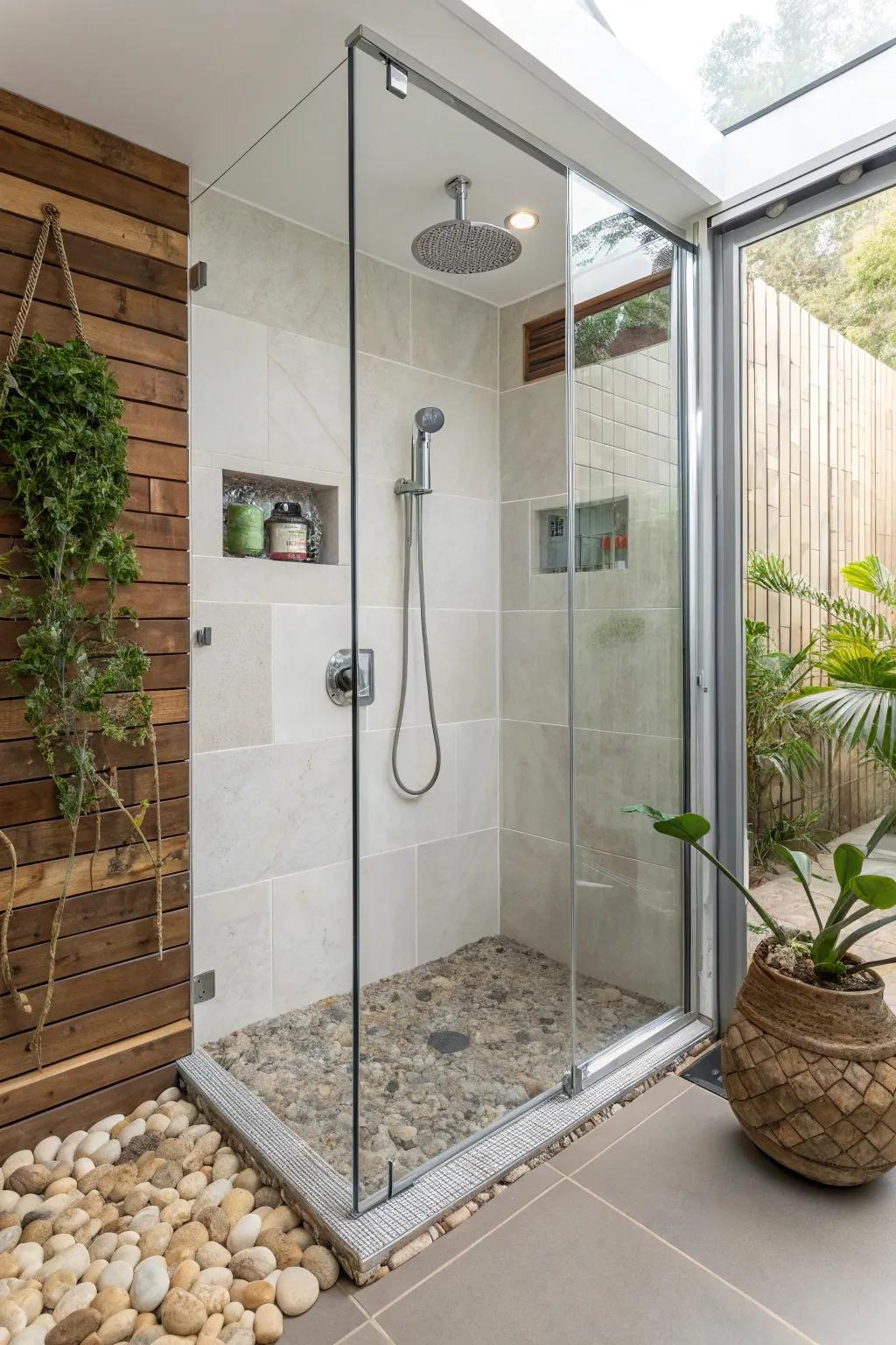 An eco-conscious bathing space presenting sustainable materials and water-saving fixtures.