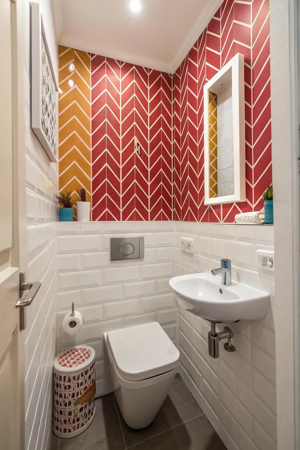 A feature wall infuses individuality into this compact bathroom.