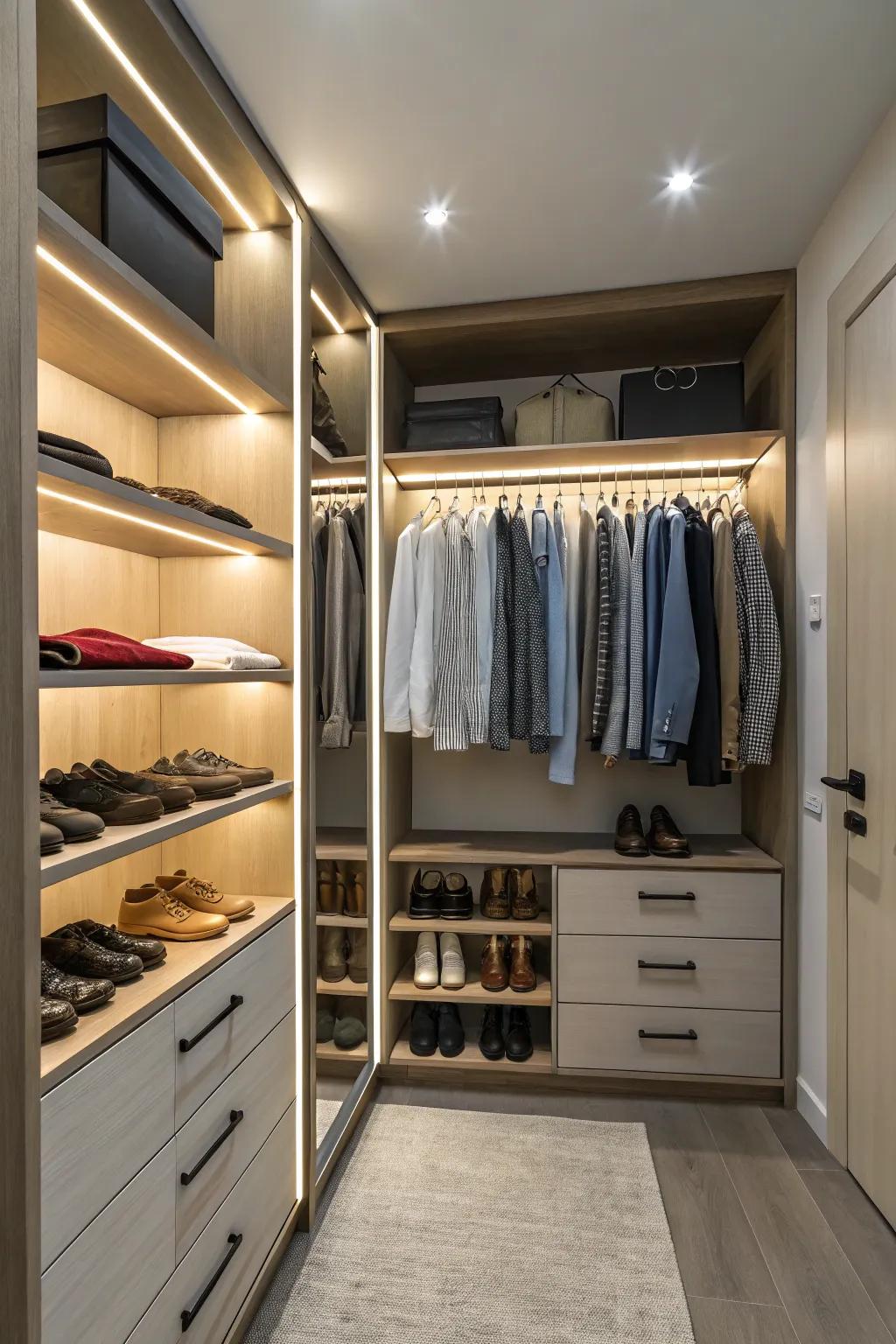 Integrated illumination underscores your attire collection exquisitely.