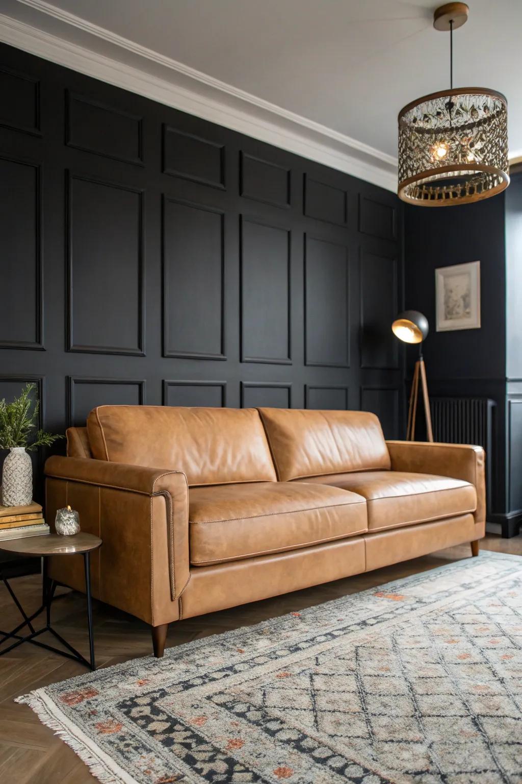 Dark walls produce a striking contrast featuring a fawn hide couch.