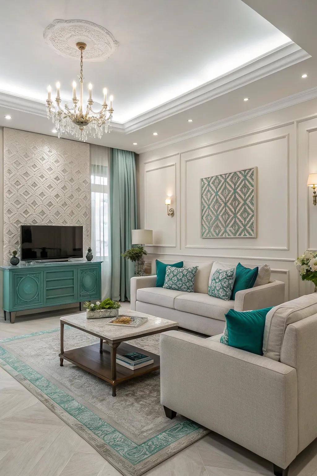 Minimalist Aquatic Green accents add elegance and flair to a modern family room.