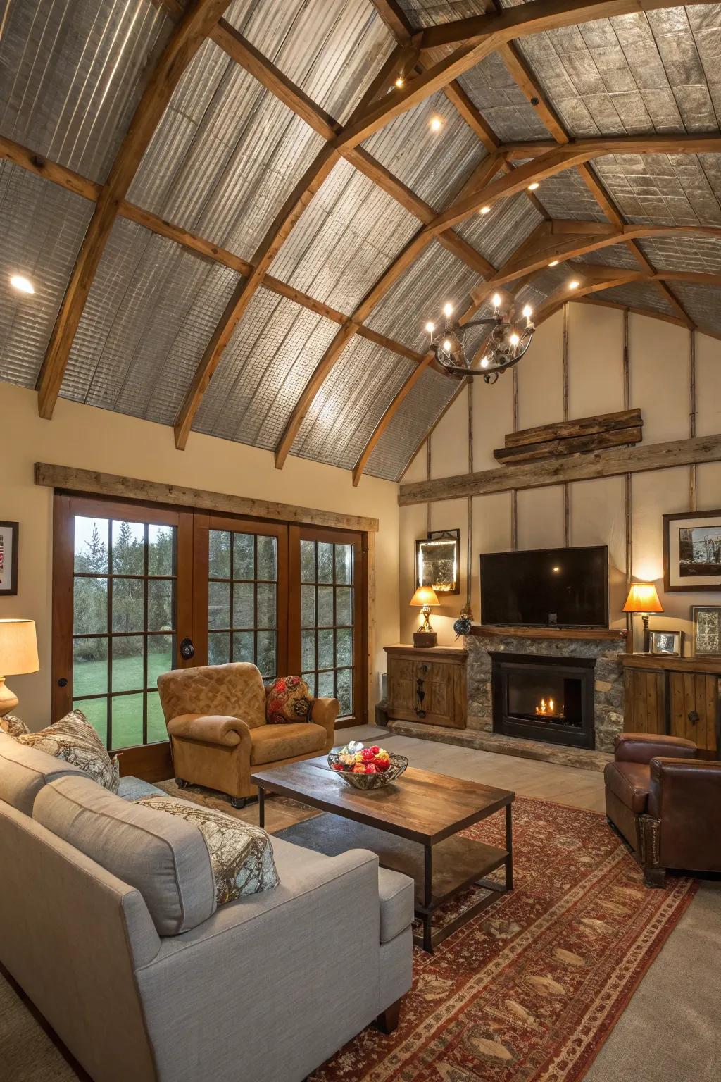 Unexpected materials create a unique and captivating ceiling in this living room.