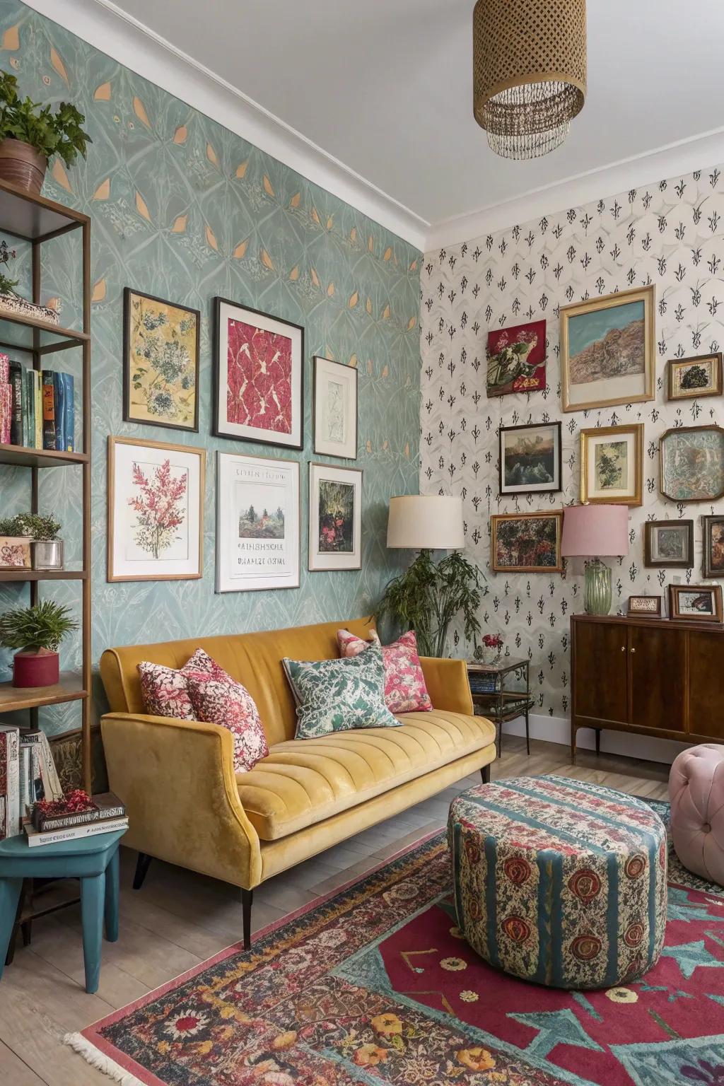 Assorted arrangement wallcovering creates a unique room.
