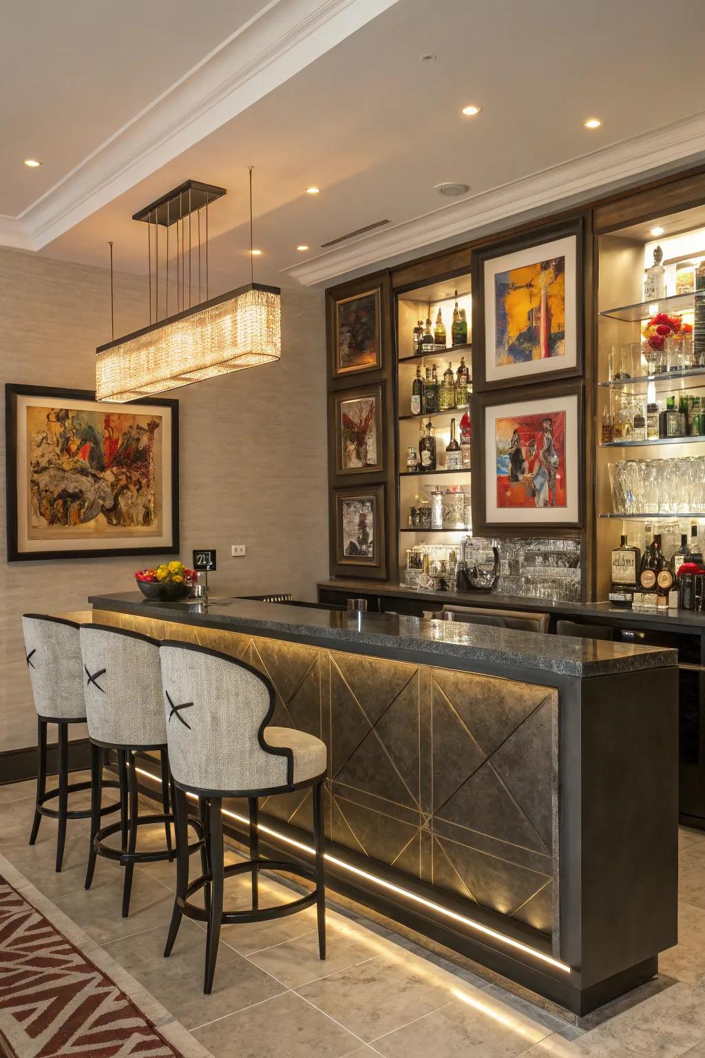 Eclectic art pieces append character to your home bar.