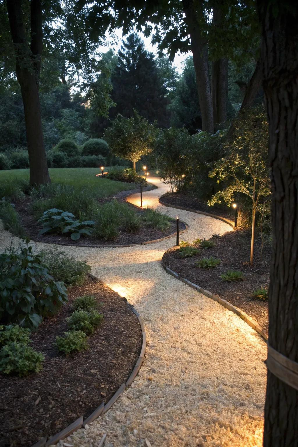 Light-hued ground cover brightens lanes and mirrors moonlight.