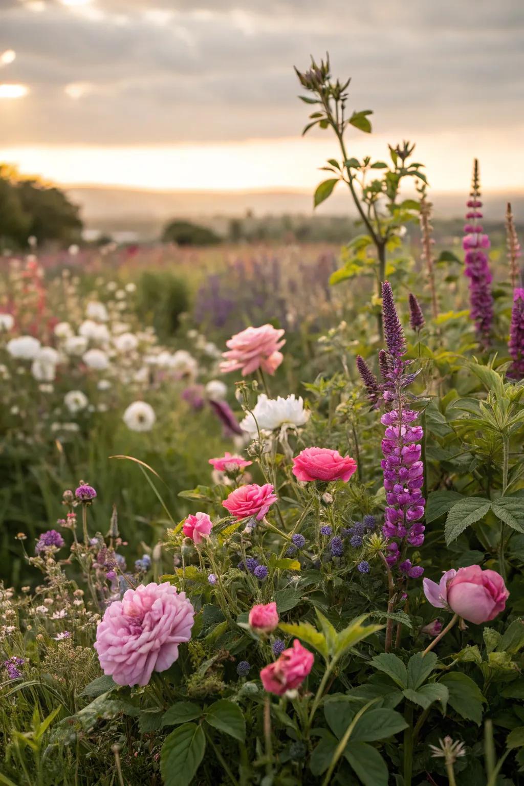 Sun roses mingle with wildflowers, forming a vibrant garden mix.