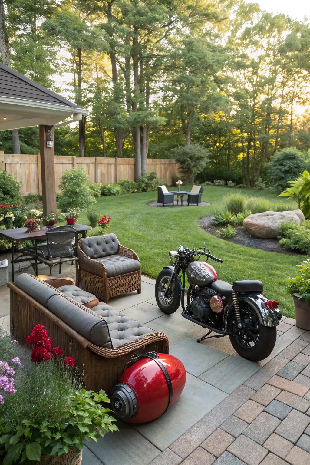An outdoor patio designed with moto-inspired touches.