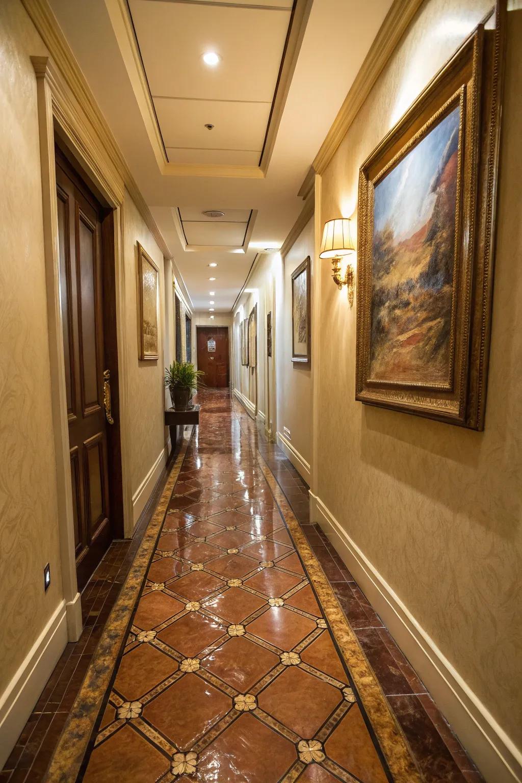 Hide tiles offer an opulent and resilient surfacing option for slender hallways.