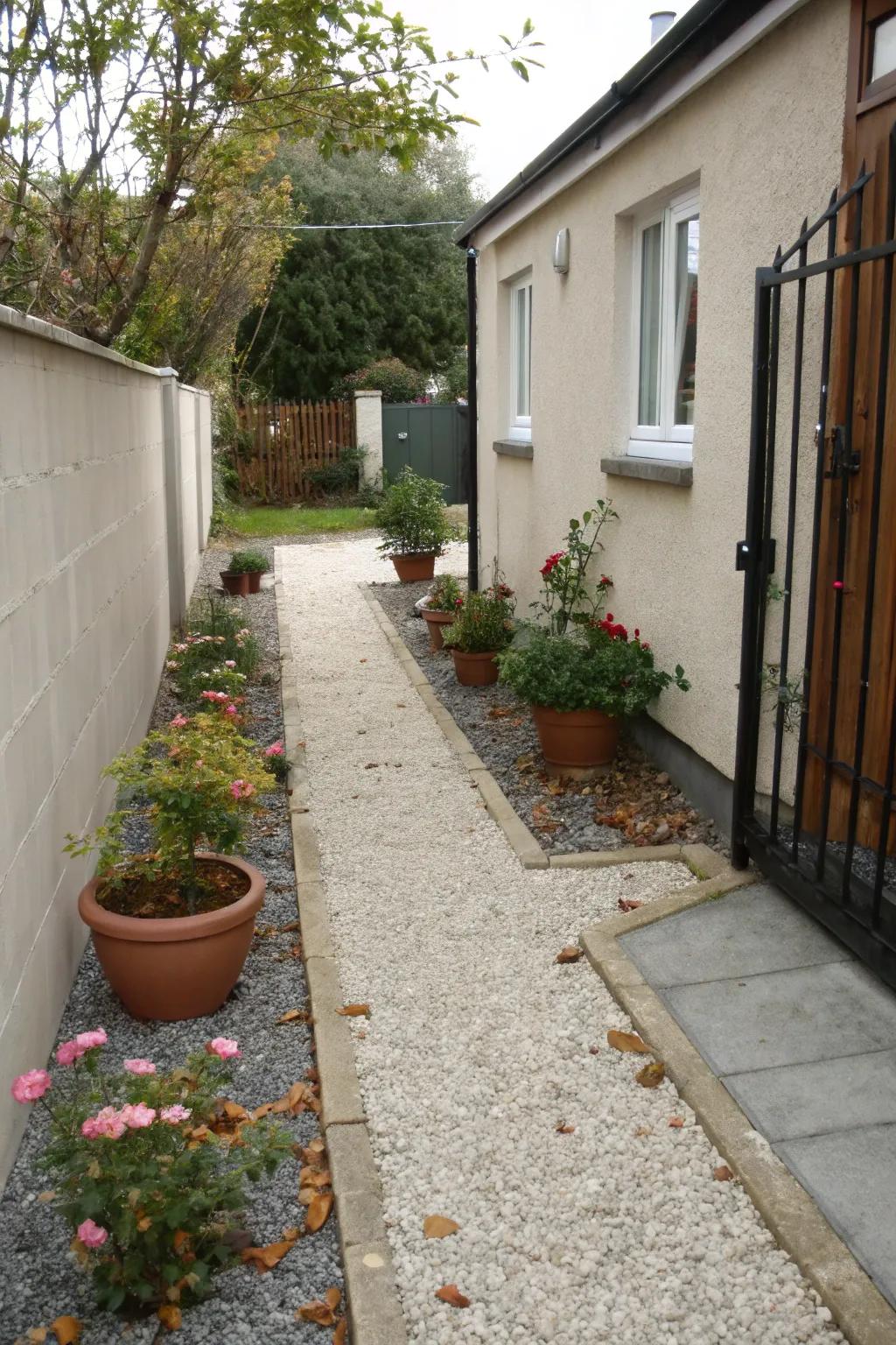 Gravel presents a practical and fashionable ground cover for tight side yards.