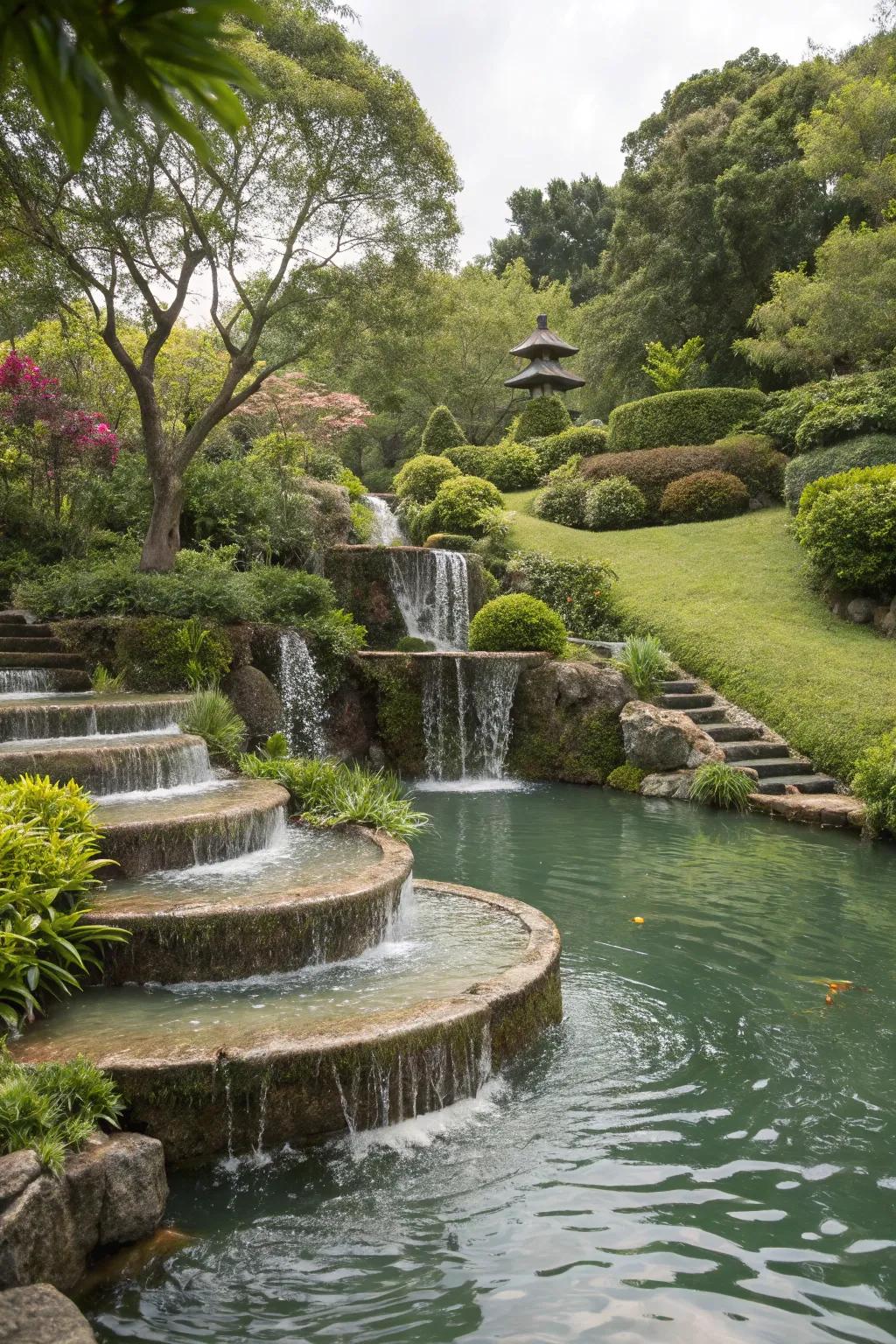 A multi-tiered water garden fashioning a dynamic and native h2o attribute.