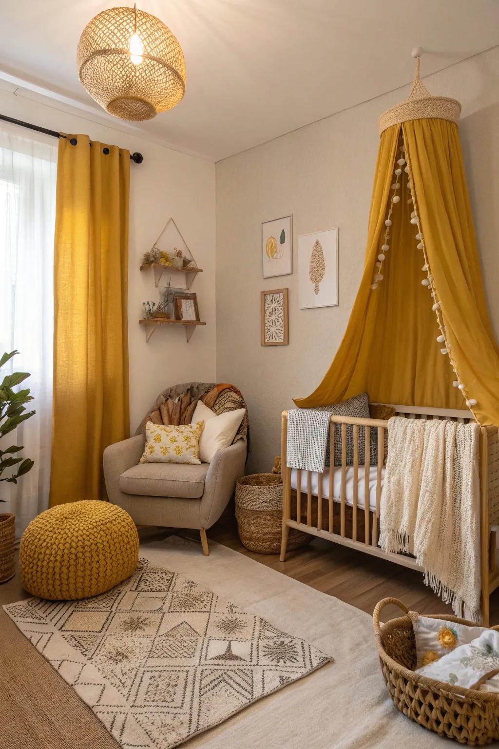 A nursery featuring soft mustard accents.