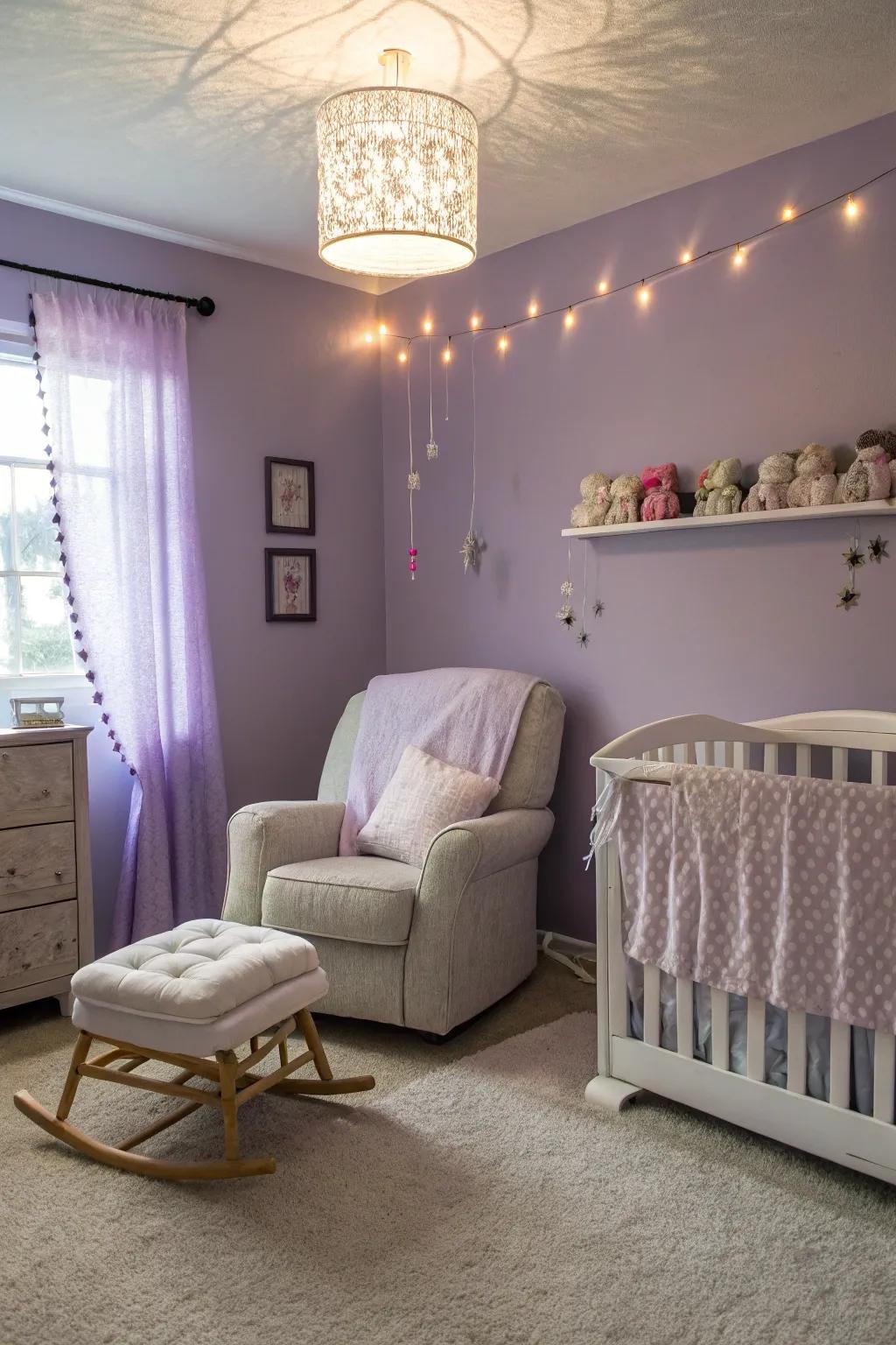A soothing nursery featuring lavender hues.