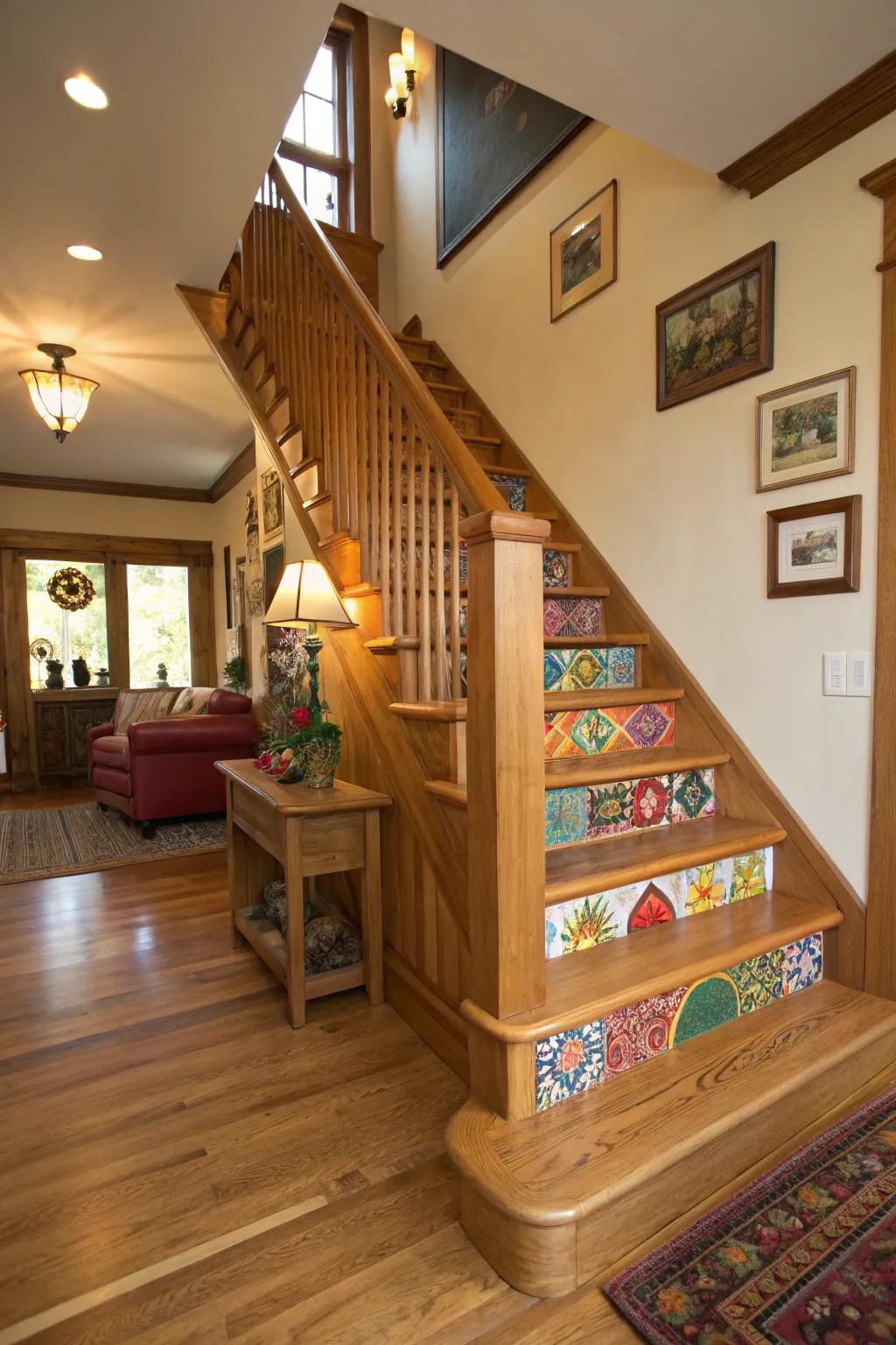 Accent colors adding a lively touch to a maple staircase.