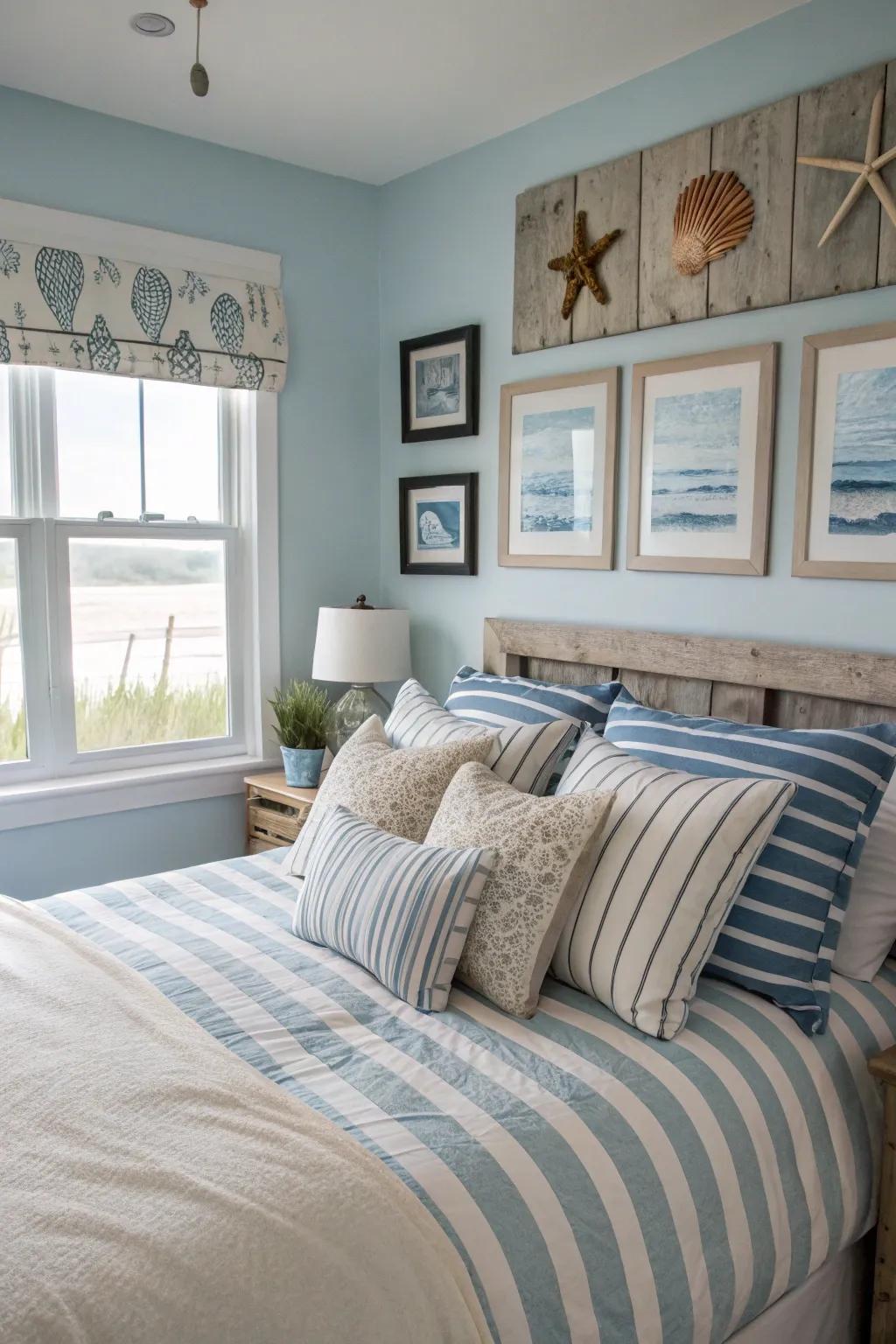 Coastal stripes add a classic, structured look to your ocean-themed room.