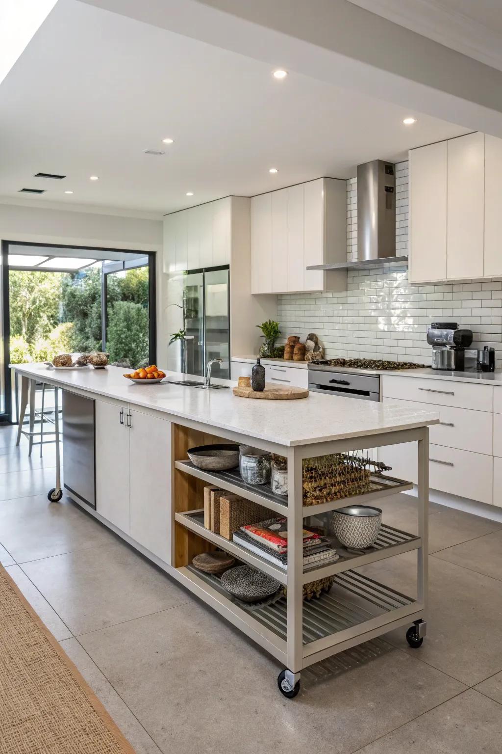 A mobile island offers flexibility and adaptability in kitchen design.
