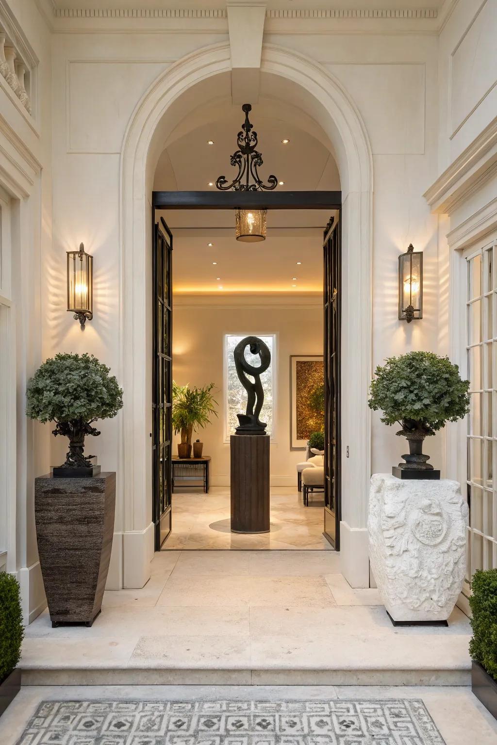 A centerpiece shapes the design theme and forms a point of interest in the entryway.