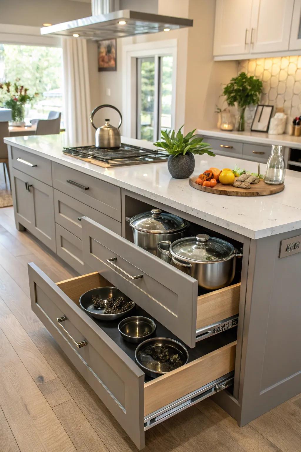 A cooking island reimagined to include cookware storage.