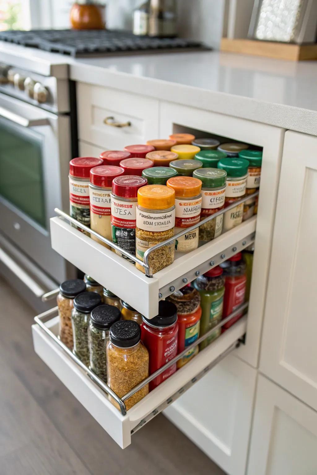 Pull-out spice frames guarantee spices are continuously near.