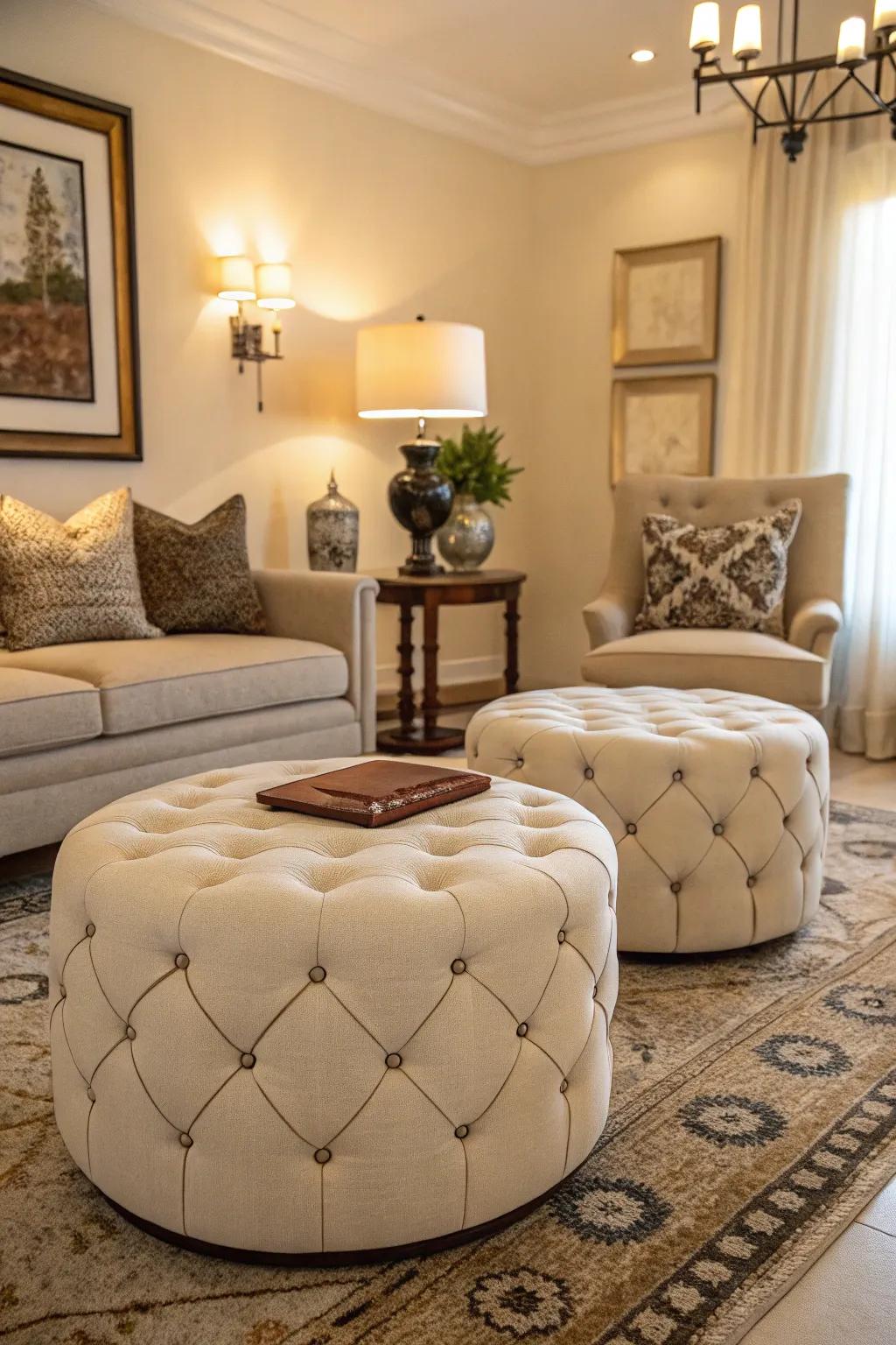 A balanced setup with two ottomans for impact.