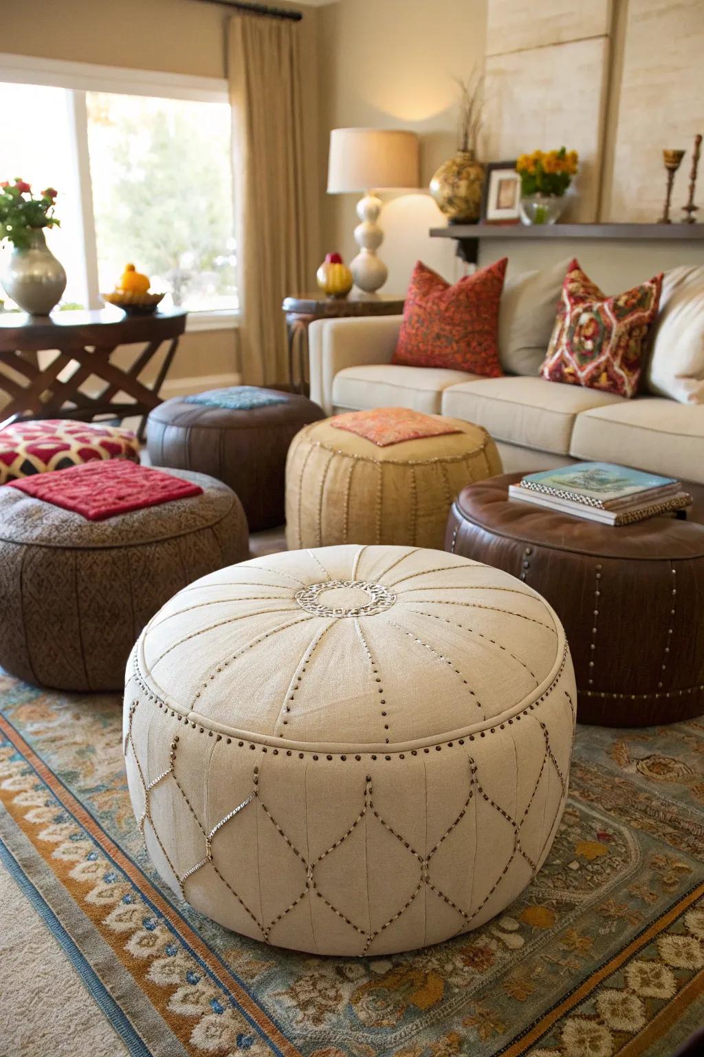 An artful arrangement of ottomans introduces depth to a room.