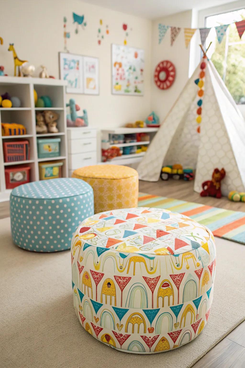 Playful ottomans within a spirited playroom