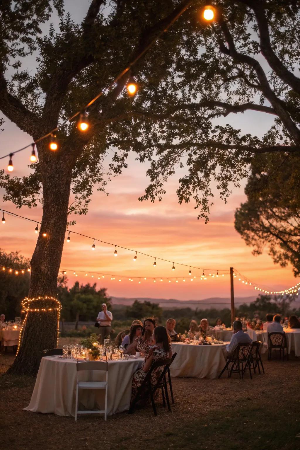 Twinkle lights add a magical glow to an evening celebration.