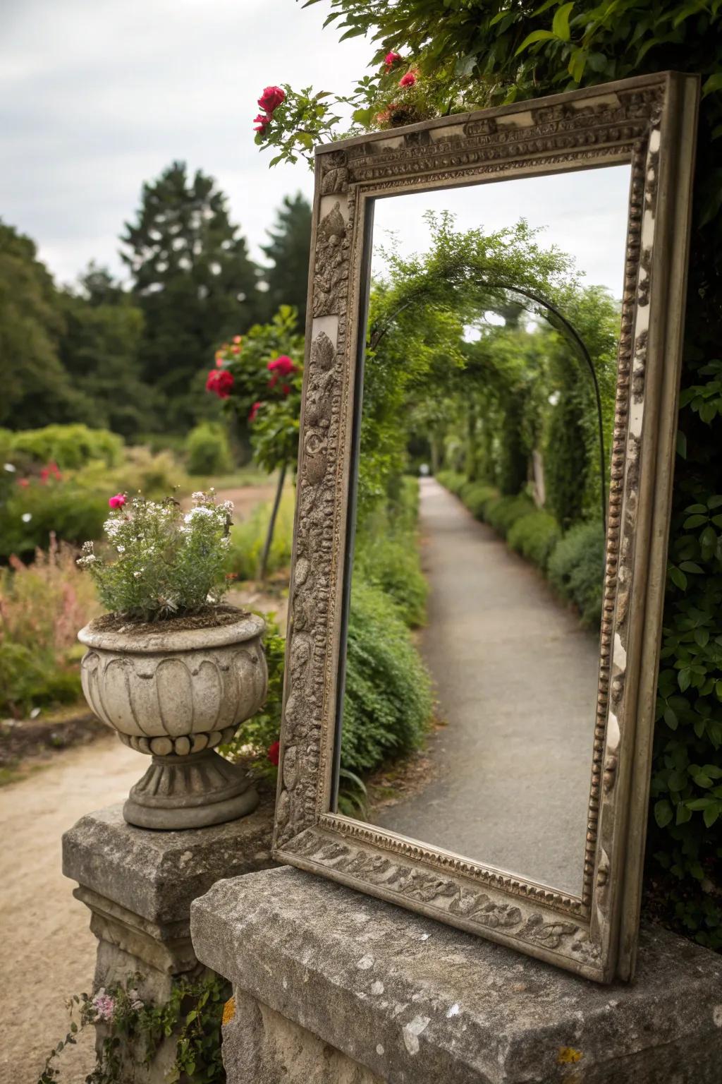 A garden reflector bouncing back light and flora, magnifying the space.