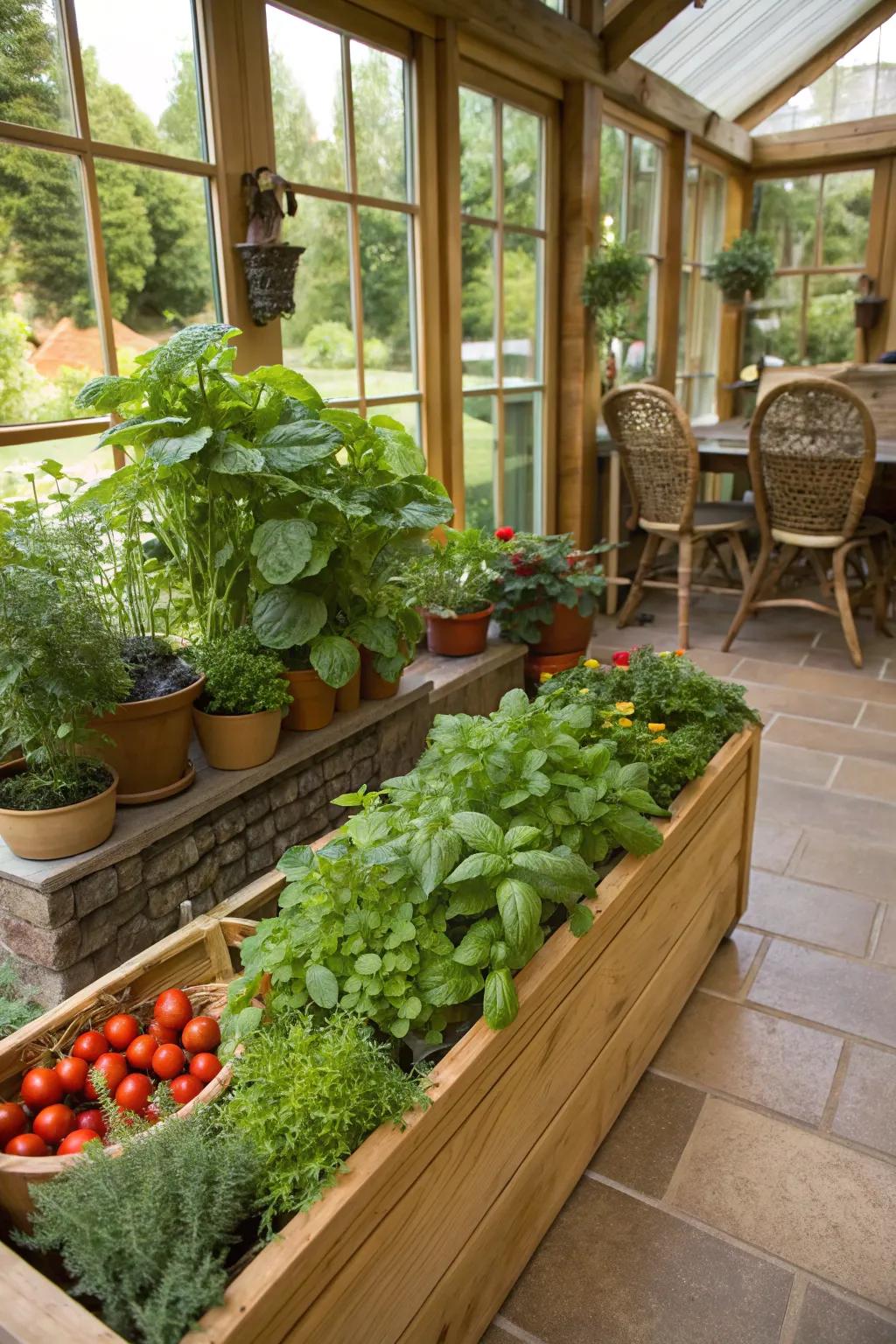 Food plantings bringing freshness and utility to a garden room.