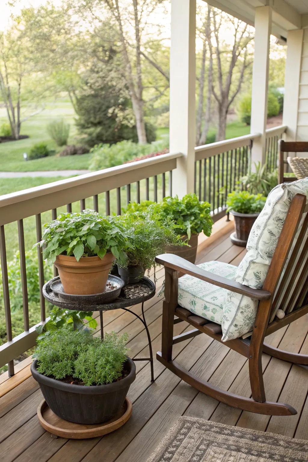 An herb garden appends greenery and practicality to this porch.