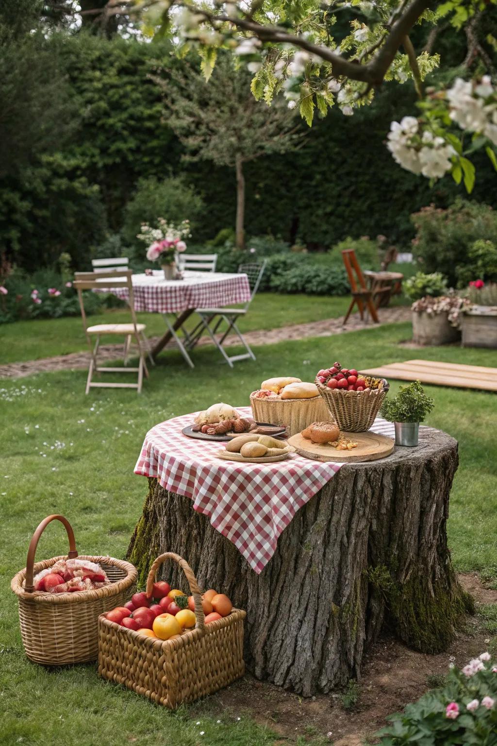 A stump-based refreshment table offers a charming outdoor repast spot.