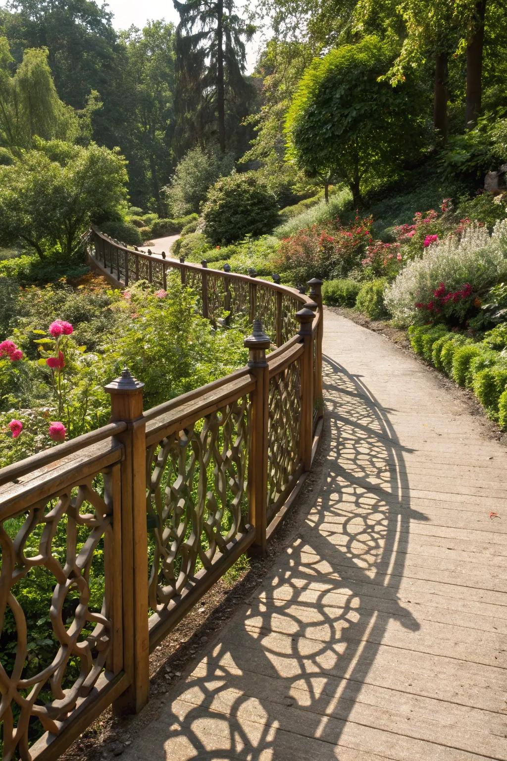 Ornamental timber panels add character to walkway boundaries.