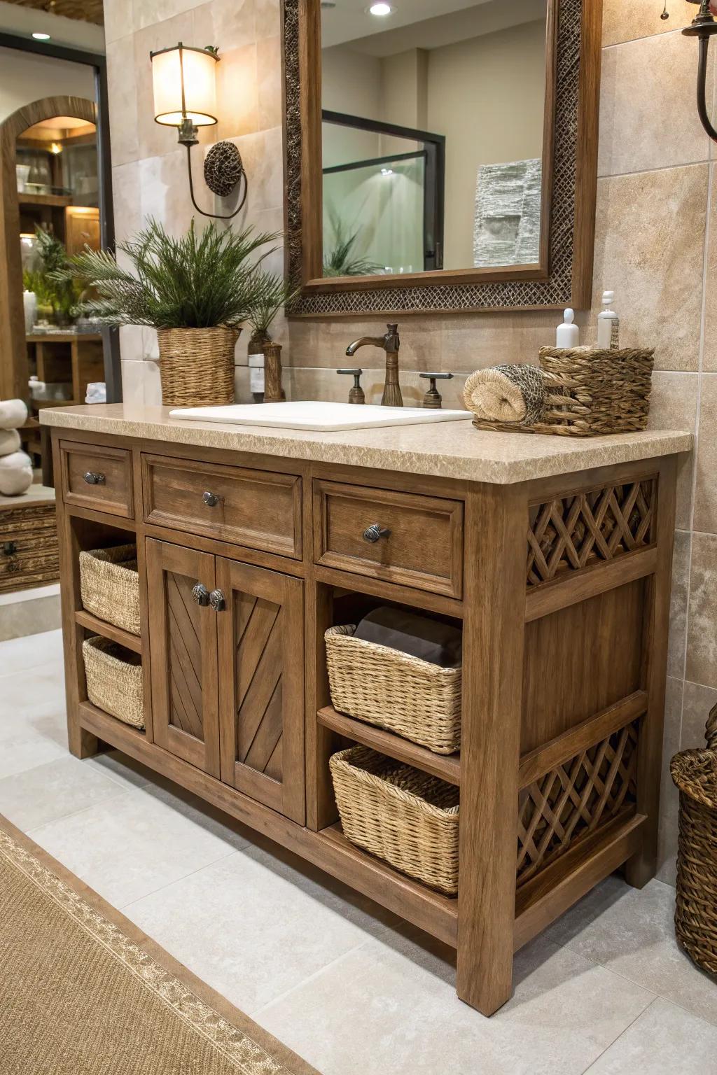 Earthen brown vanities offer rustic refinement.