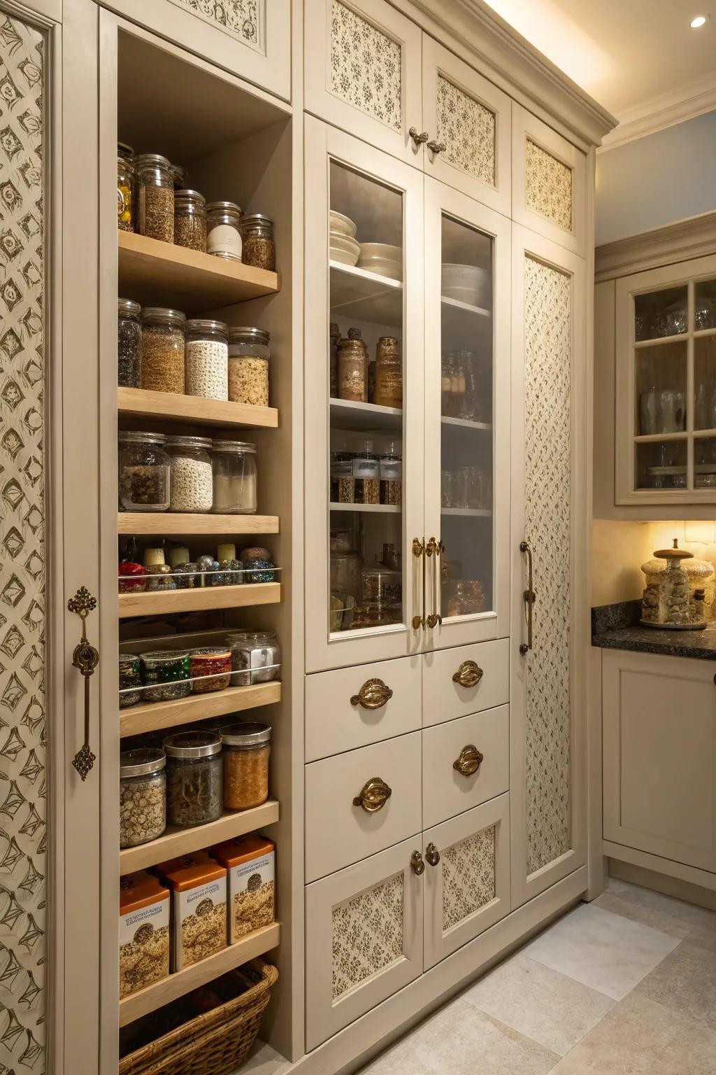 A pantry featuring unique hardware, adding a personal touch to the space.