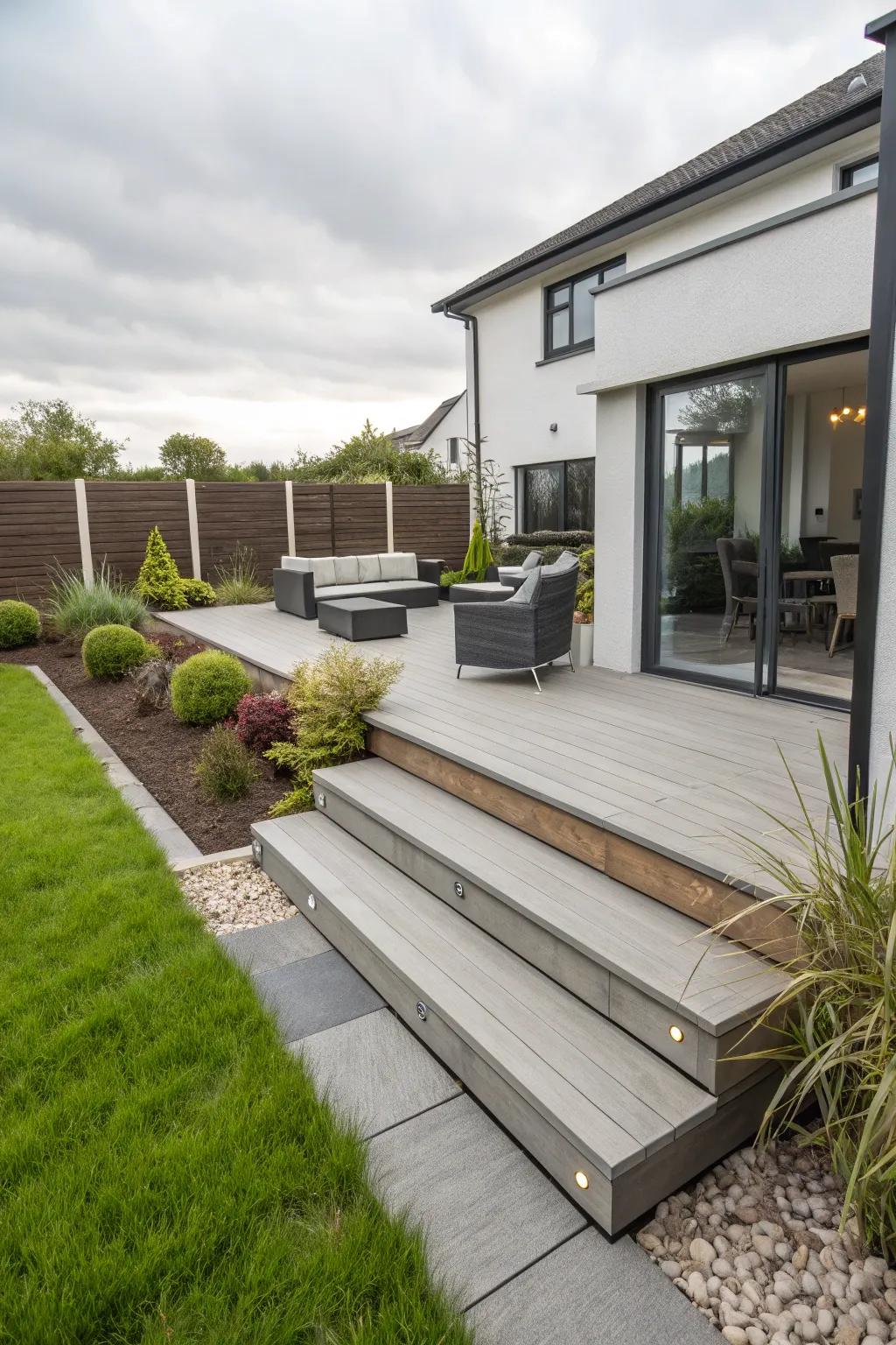 Durable composite decking for lasting steps.