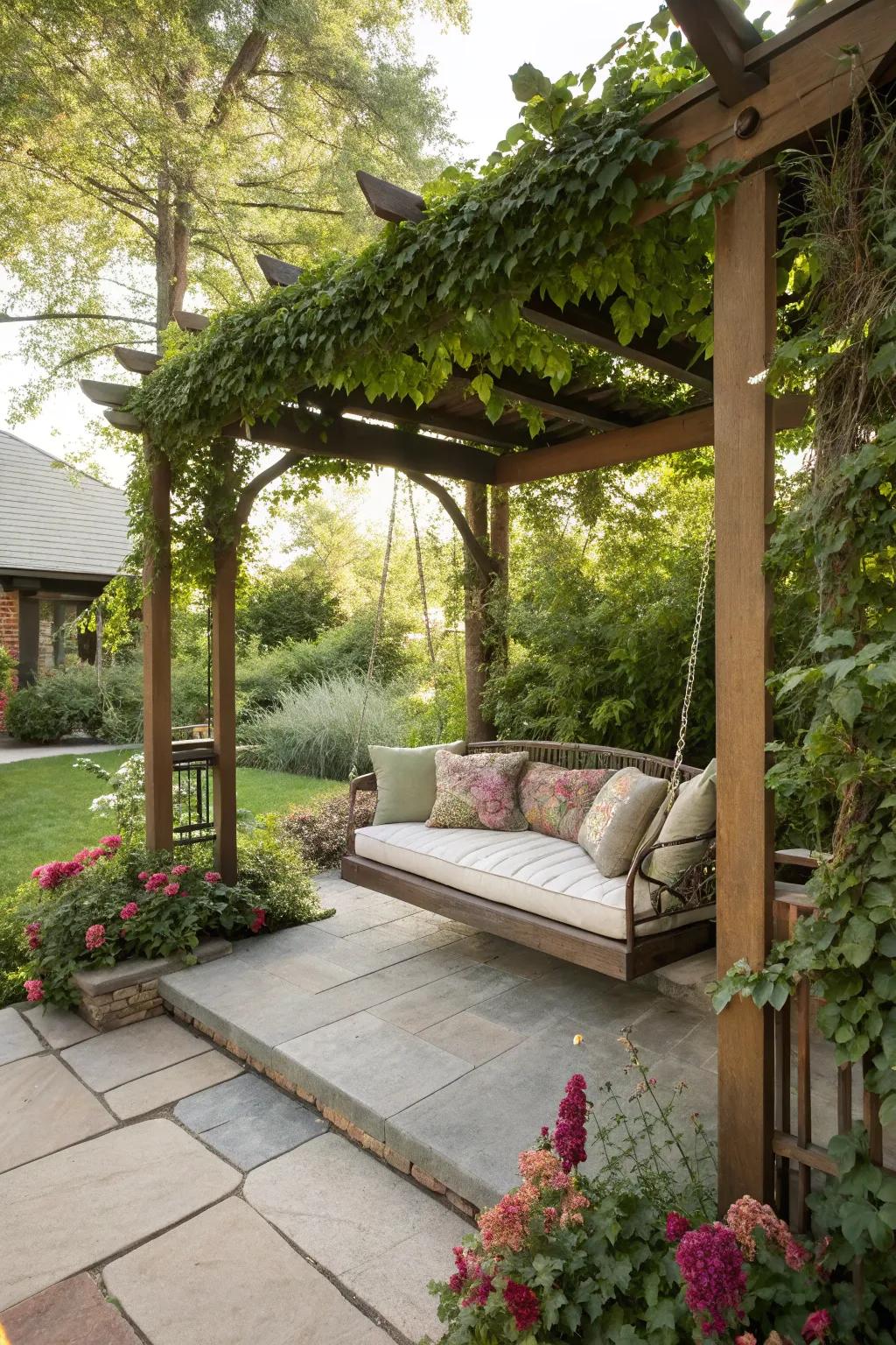 A pergola with a swing delivers a shaded venue for relaxation.