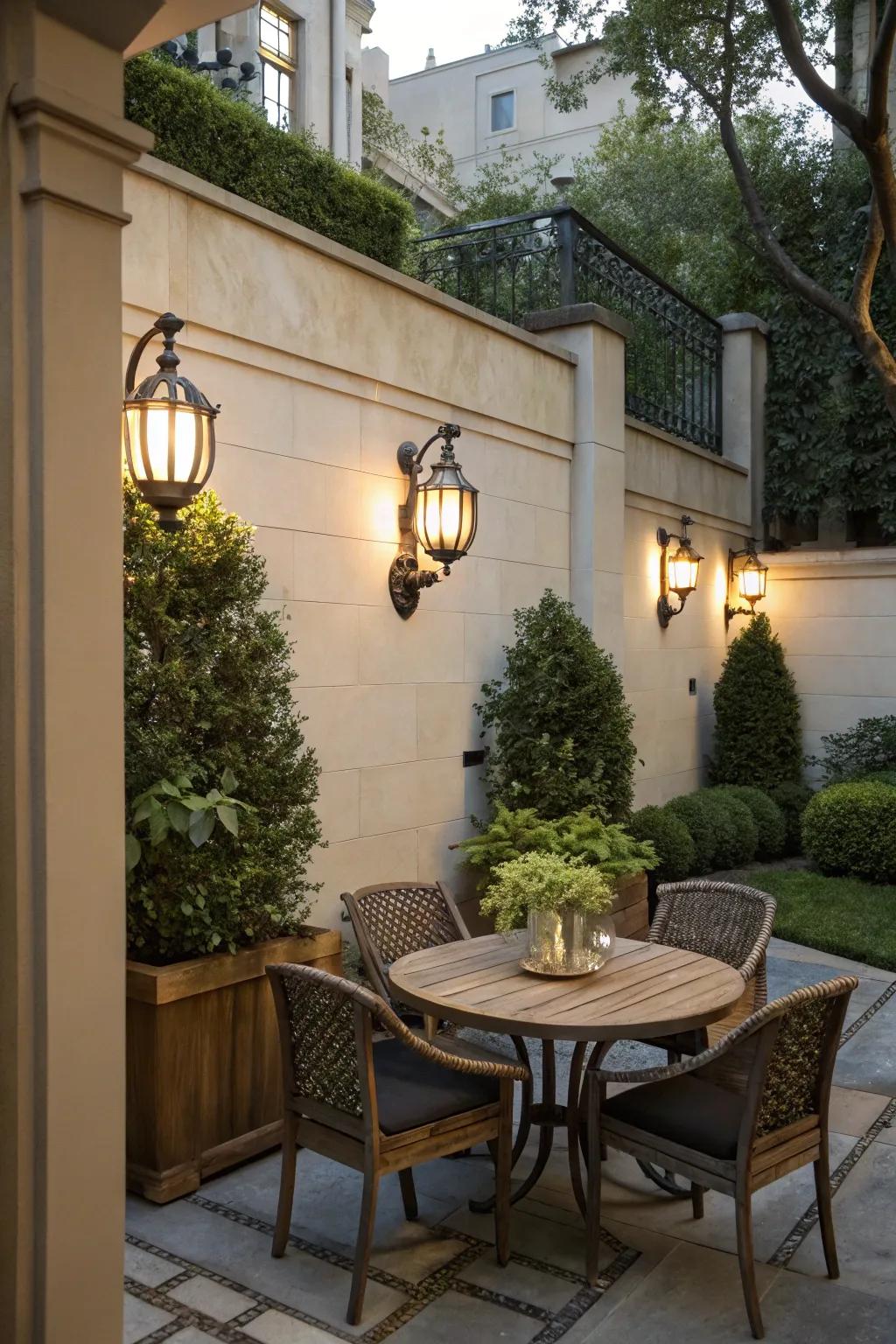 Wall sconces give a small patio sophistication and light.