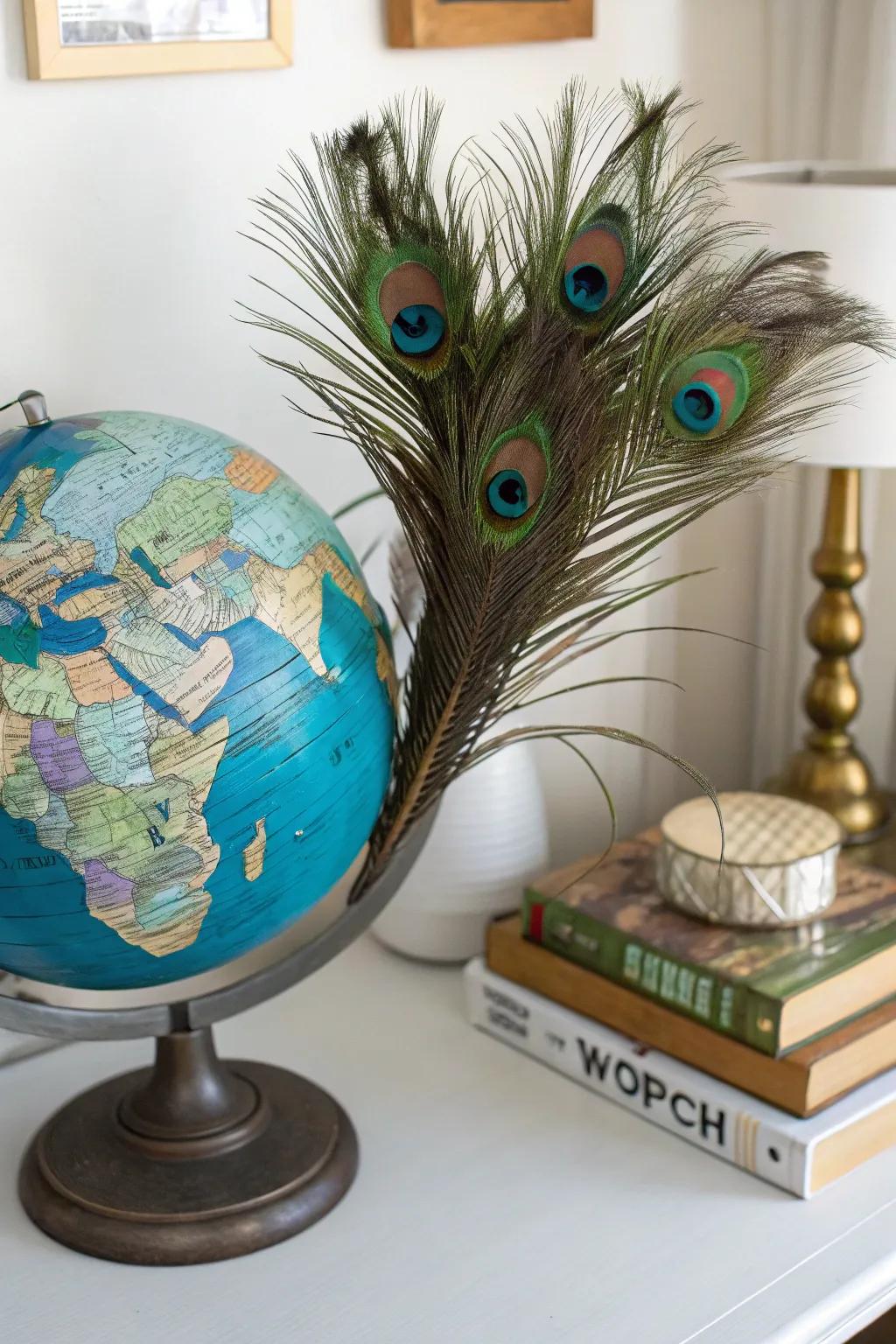 A travel-themed focal point featuring a terrestrial orb and avian plumes.