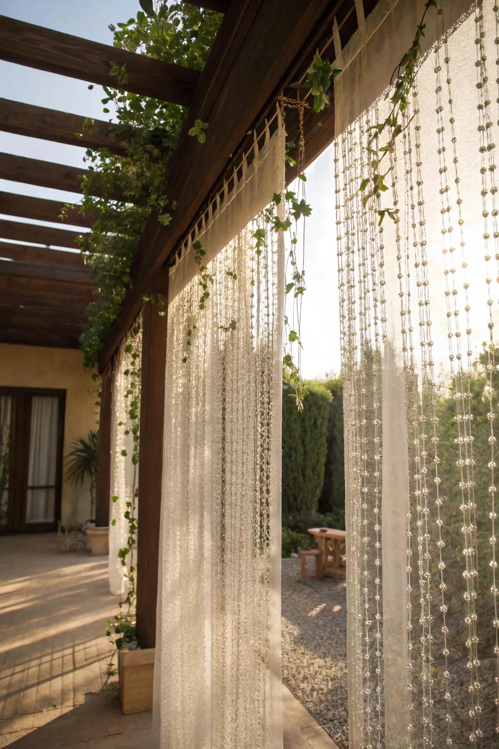 Beaded drapes add texture and a bohemian touch to your pergola.