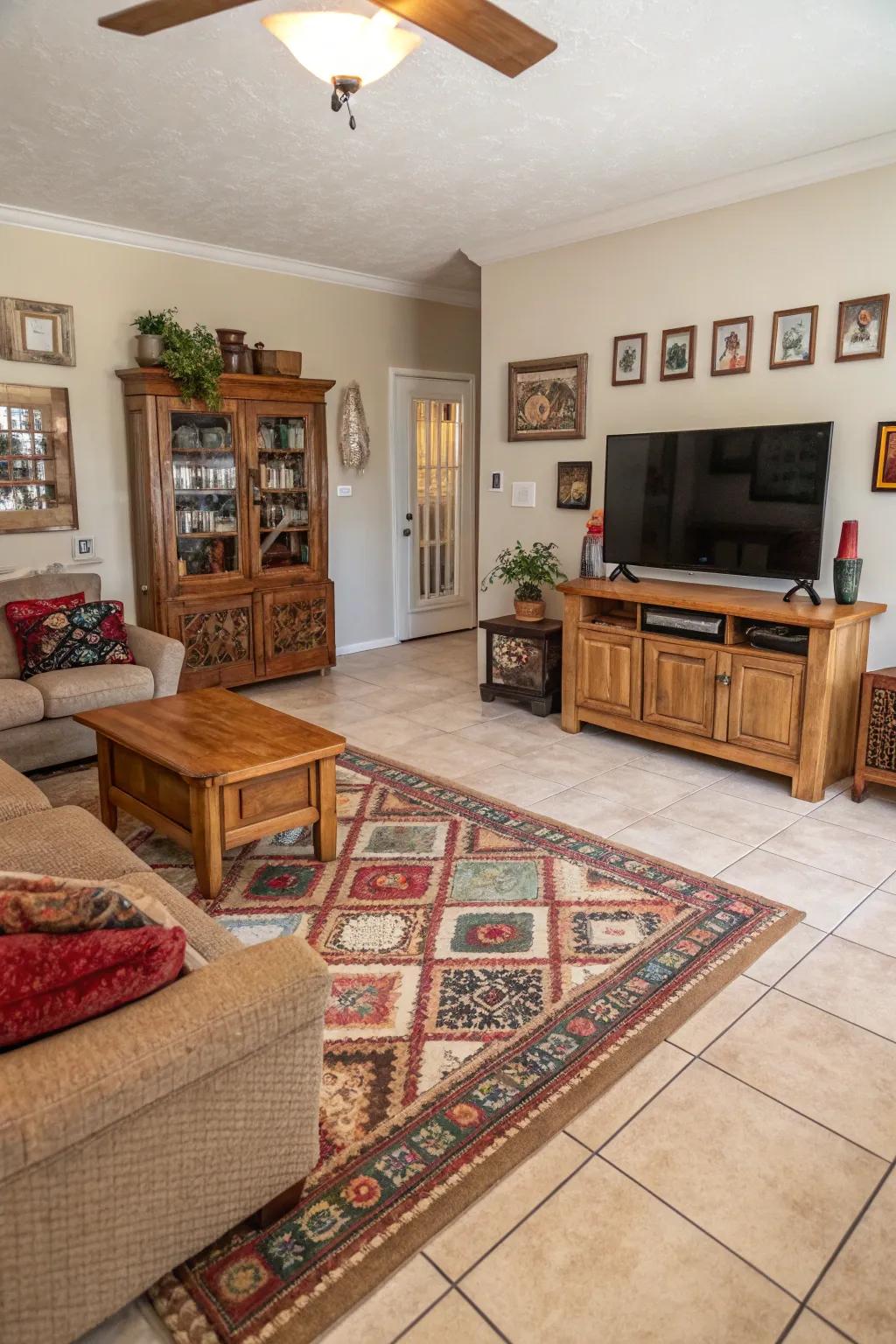 An eclectic mix of flooring adds personality to family rooms.
