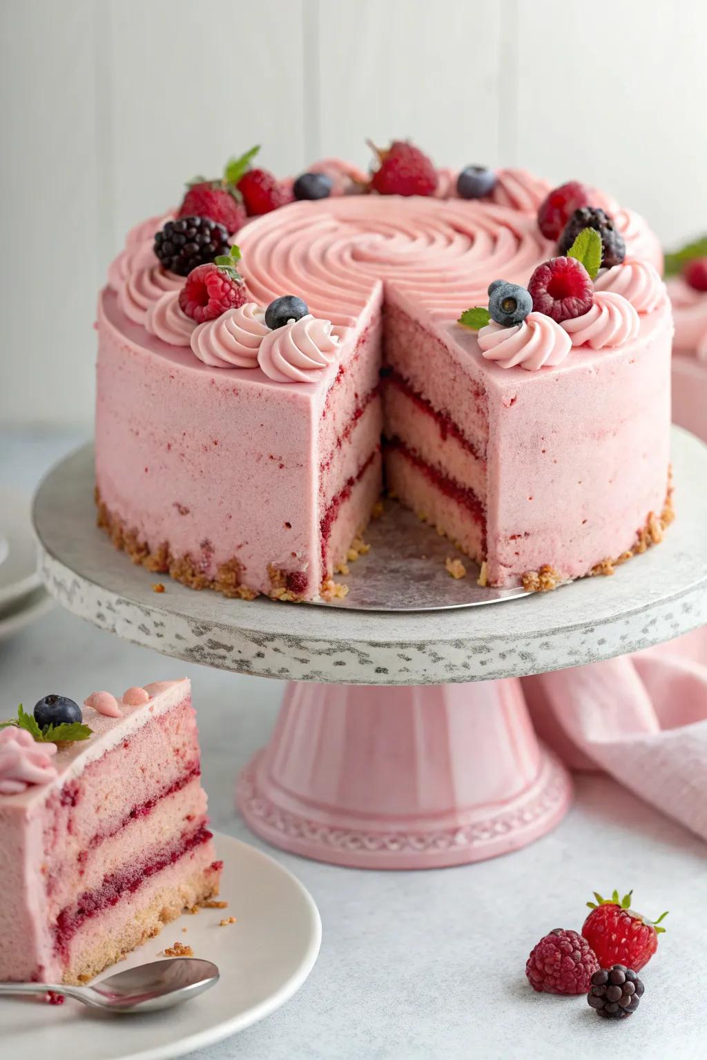 Rosy velvet cake is a stunning centerpiece for any dessert table.