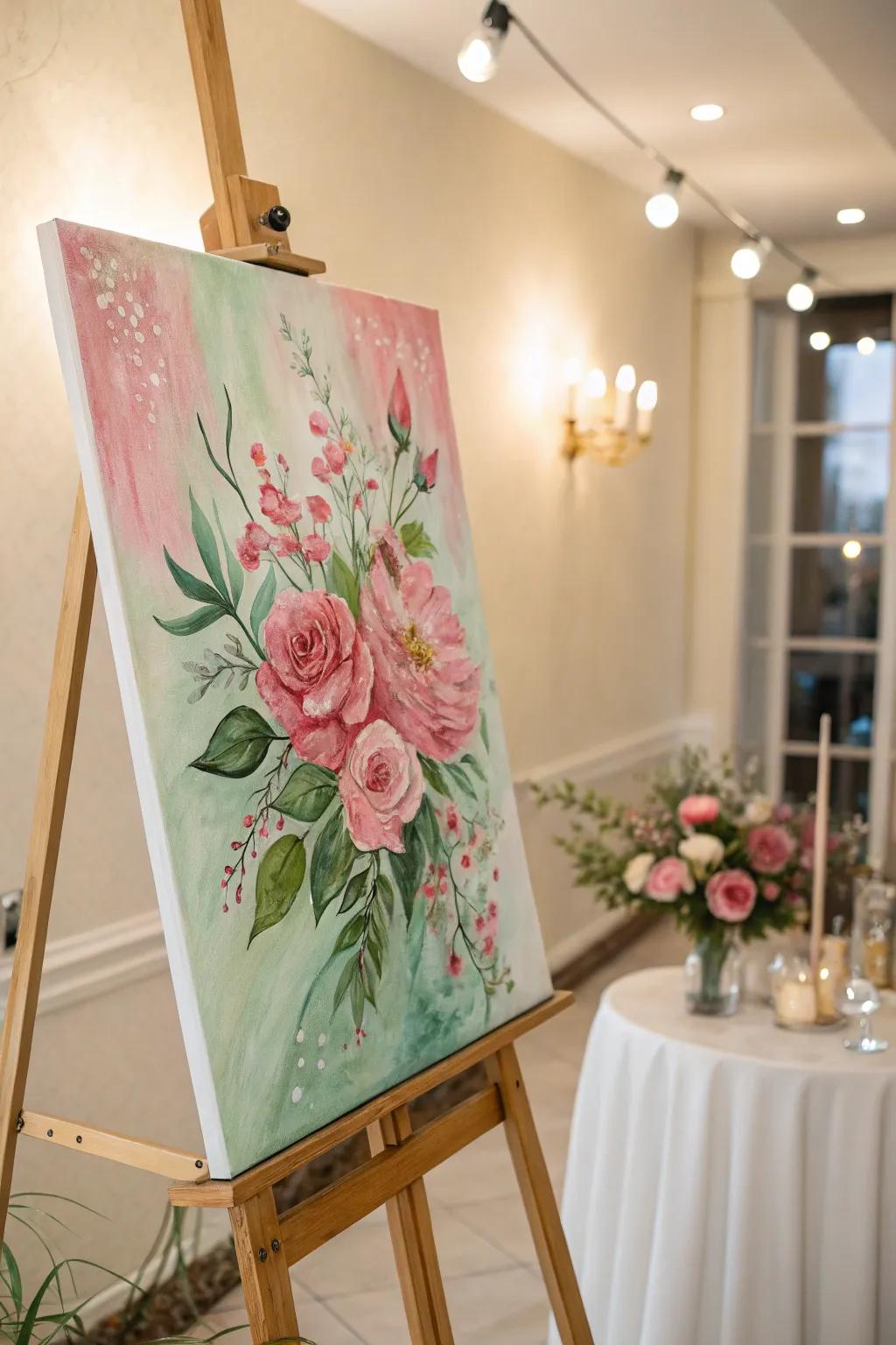 Harmonious artwork featuring rosy and verdant hues.
