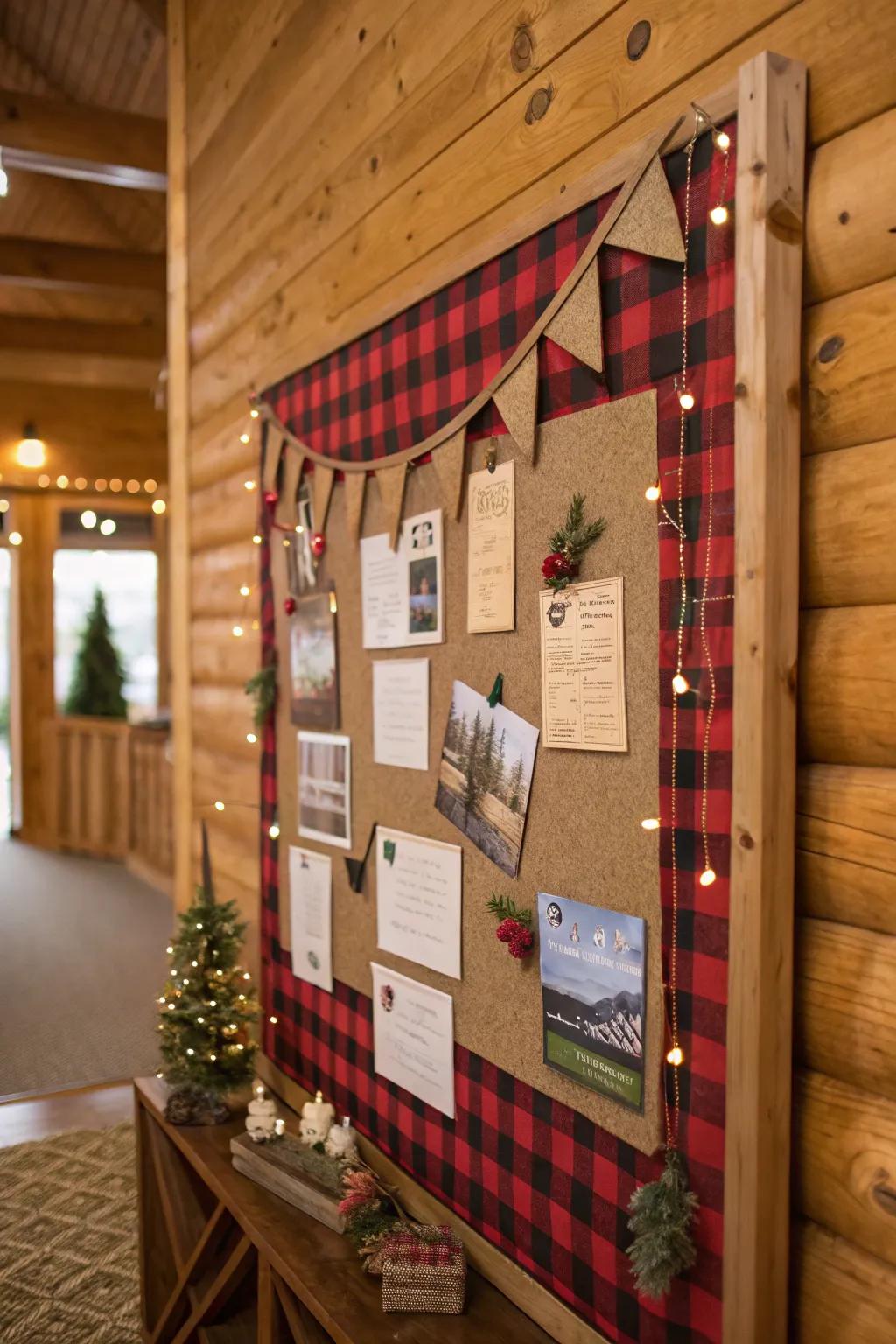 A fall display board themed around a snug cabin for an affectionate seasonal intonation.