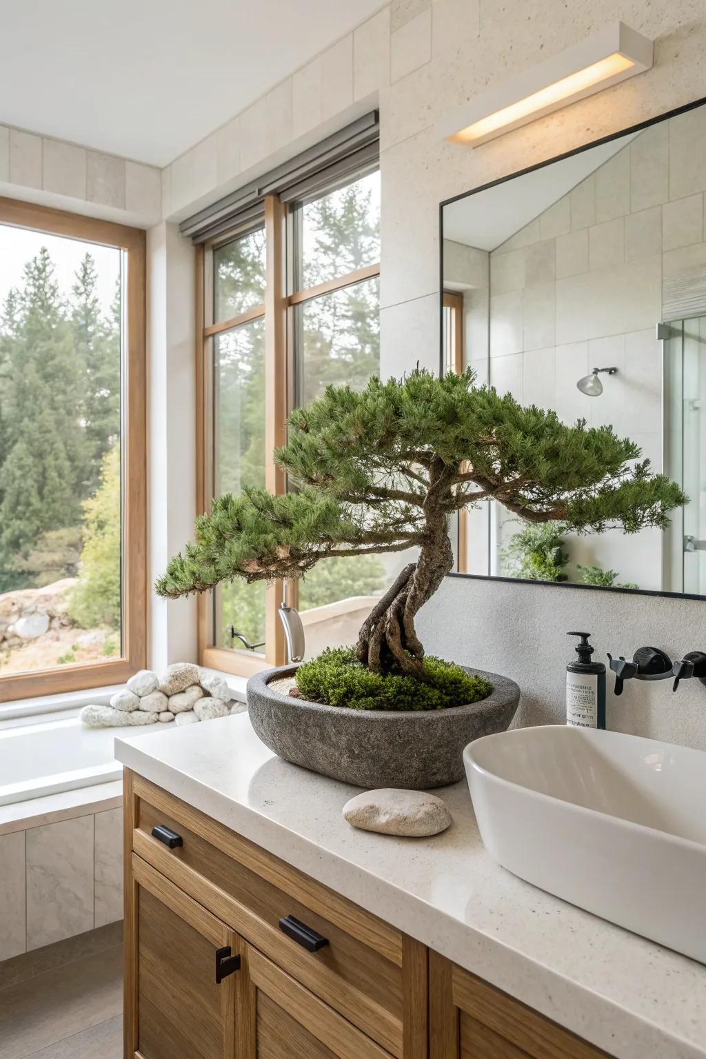 Introduce an element of tranquility using the sculptural beauty of a dwarf tree.